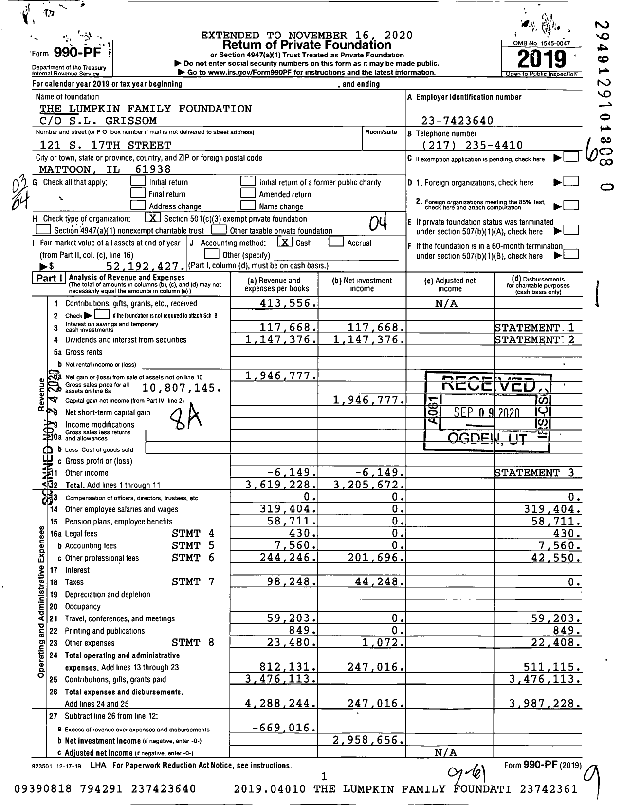 Image of first page of 2019 Form 990PF for The Lumpkin Family Foundation