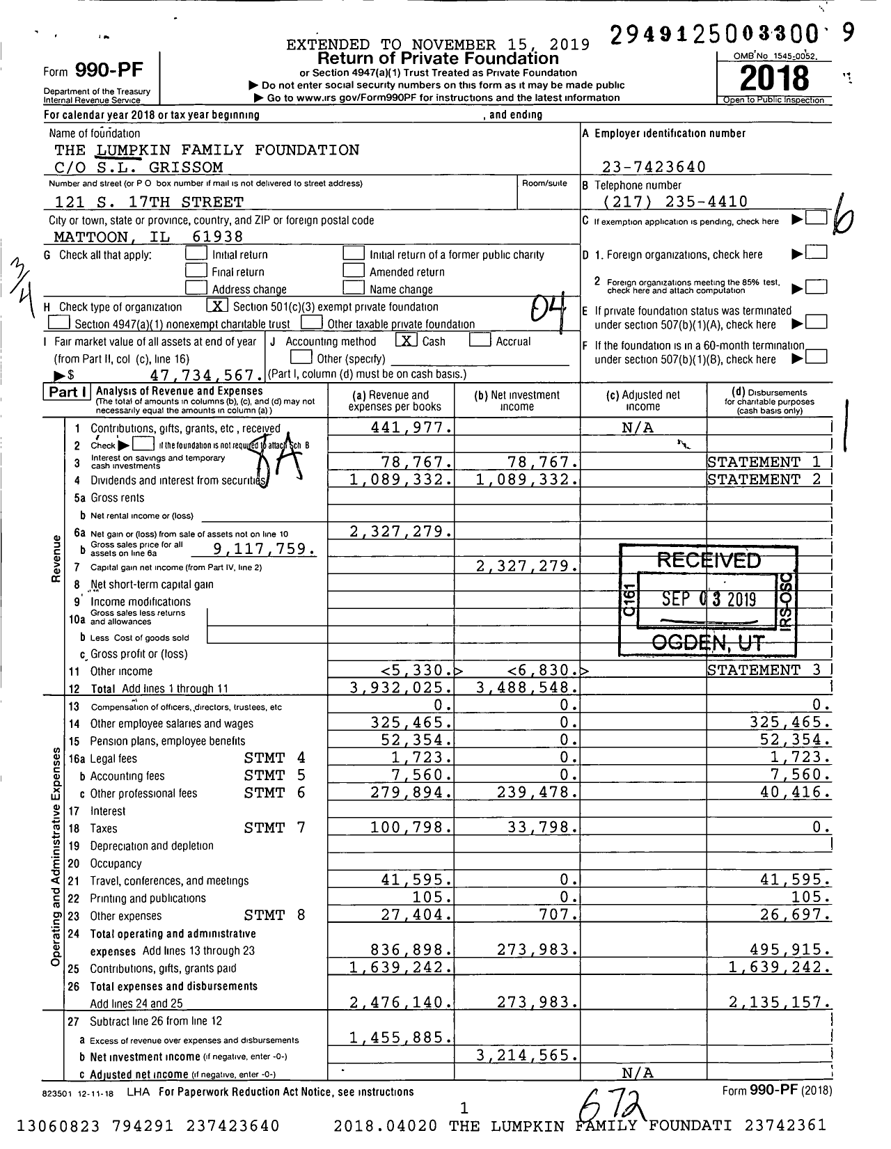 Image of first page of 2018 Form 990PF for The Lumpkin Family Foundation