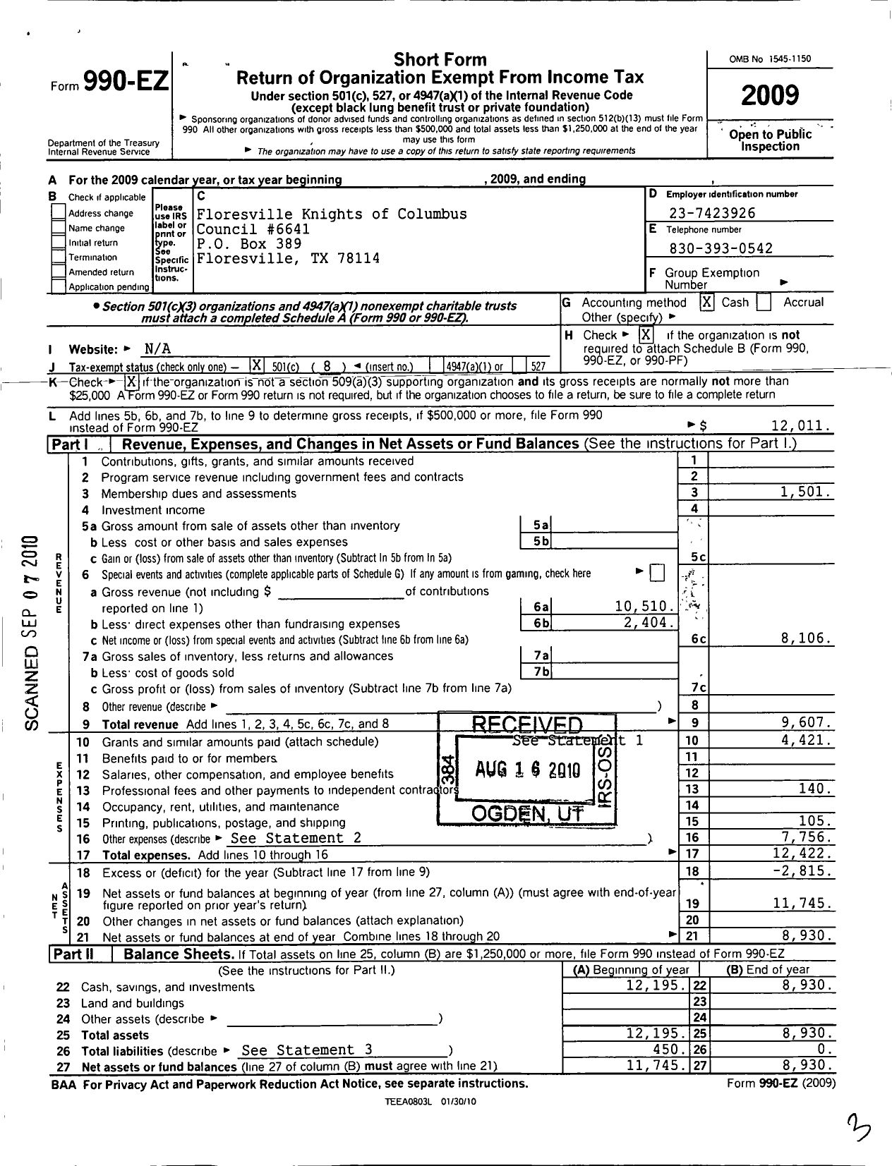 Image of first page of 2009 Form 990EO for Knights of Columbus - 6641 Floresville Council