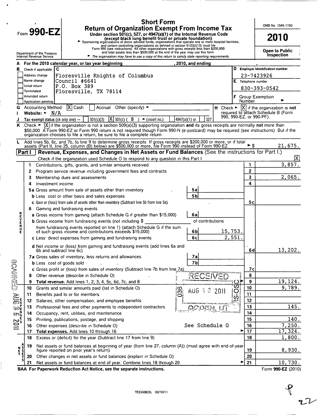 Image of first page of 2010 Form 990EO for Knights of Columbus - 6641 Floresville Council