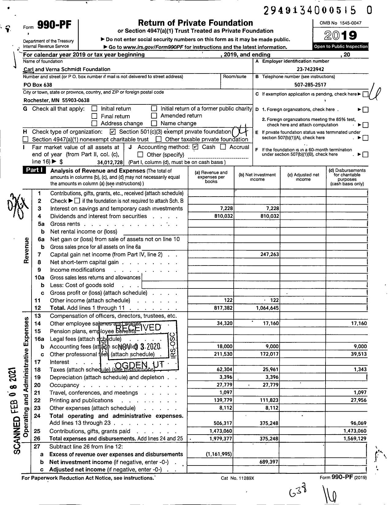 Image of first page of 2019 Form 990PF for Carl and Verna Schmidt Foundation