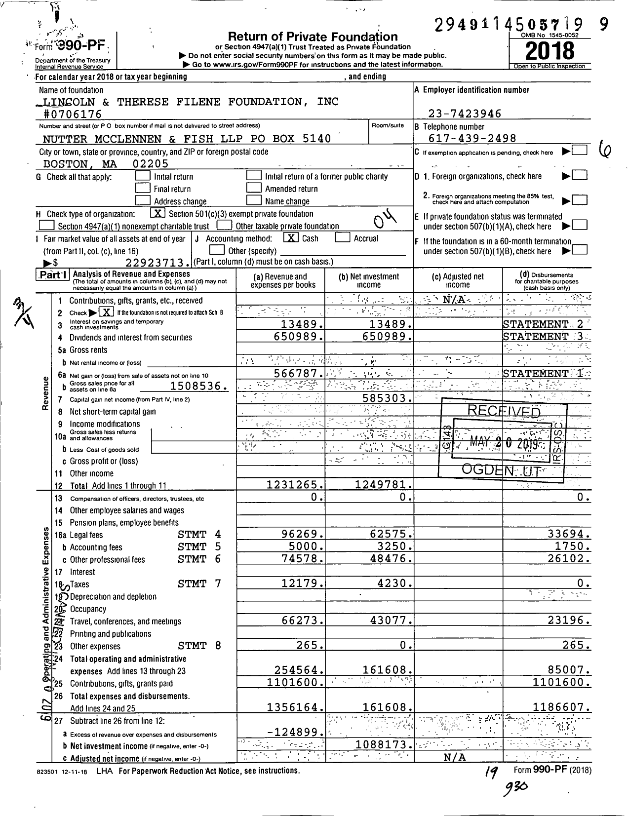 Image of first page of 2018 Form 990PF for Lincoln and Therese Filene Foundation