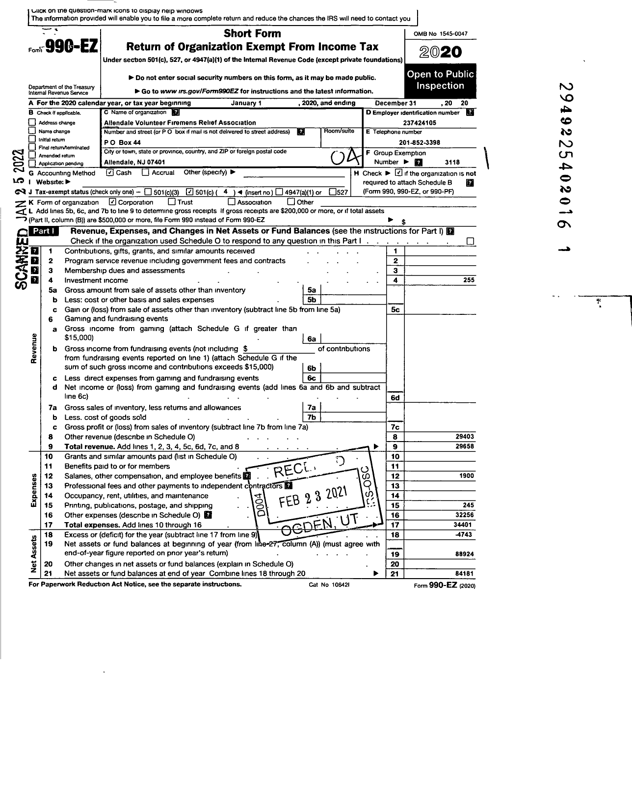 Image of first page of 2020 Form 990EO for New Jersey State Firemen's Association - Allendale