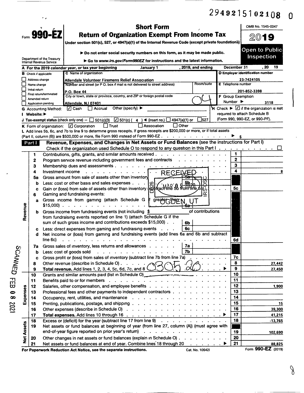 Image of first page of 2019 Form 990EO for New Jersey State Firemen's Association - Allendale