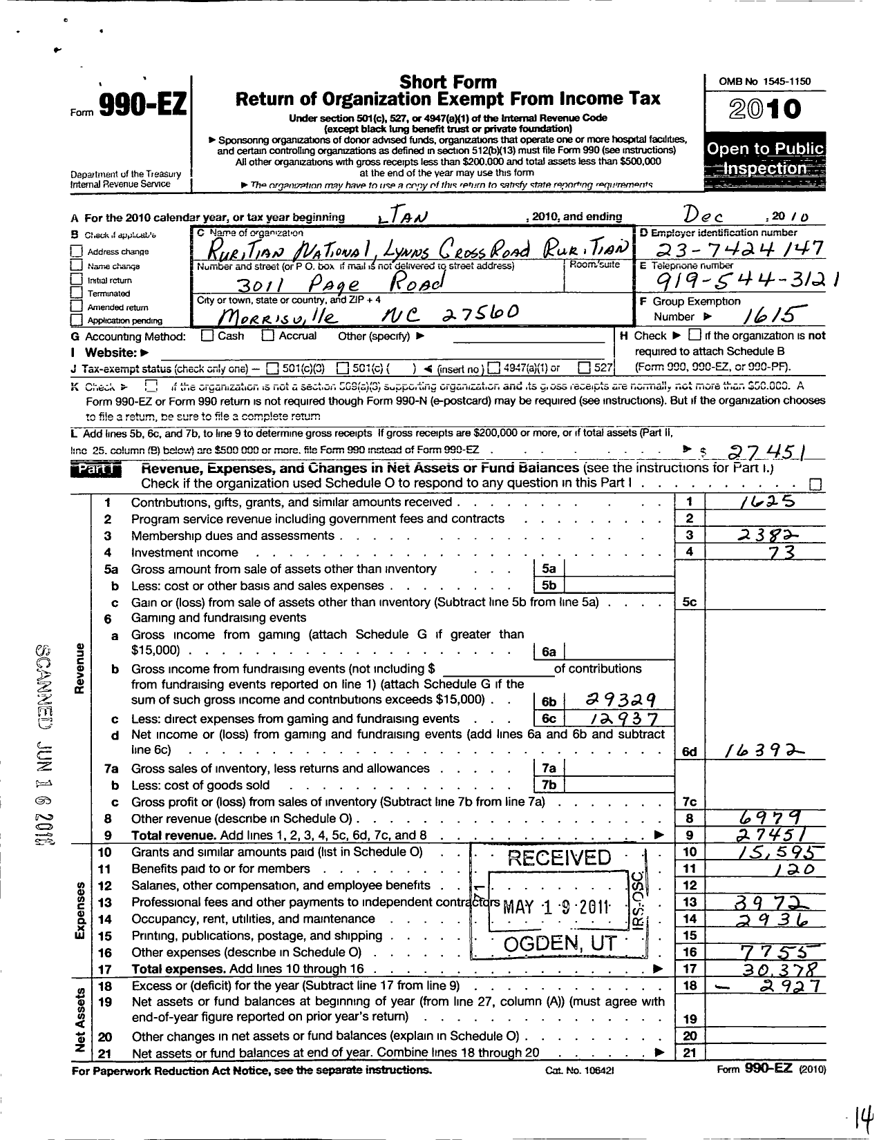 Image of first page of 2010 Form 990EO for Ruritan - Lynns Crossroads