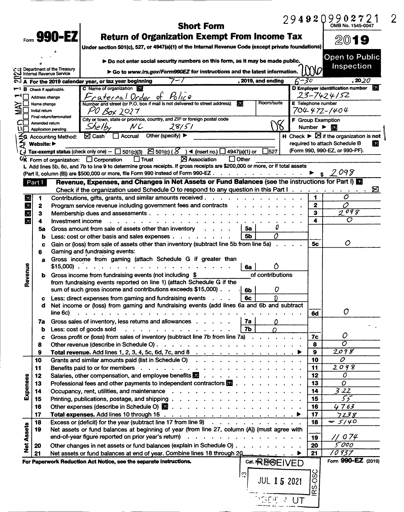 Image of first page of 2019 Form 990EO for Fraternal Order of Police - 18 Cleveland County Lodge