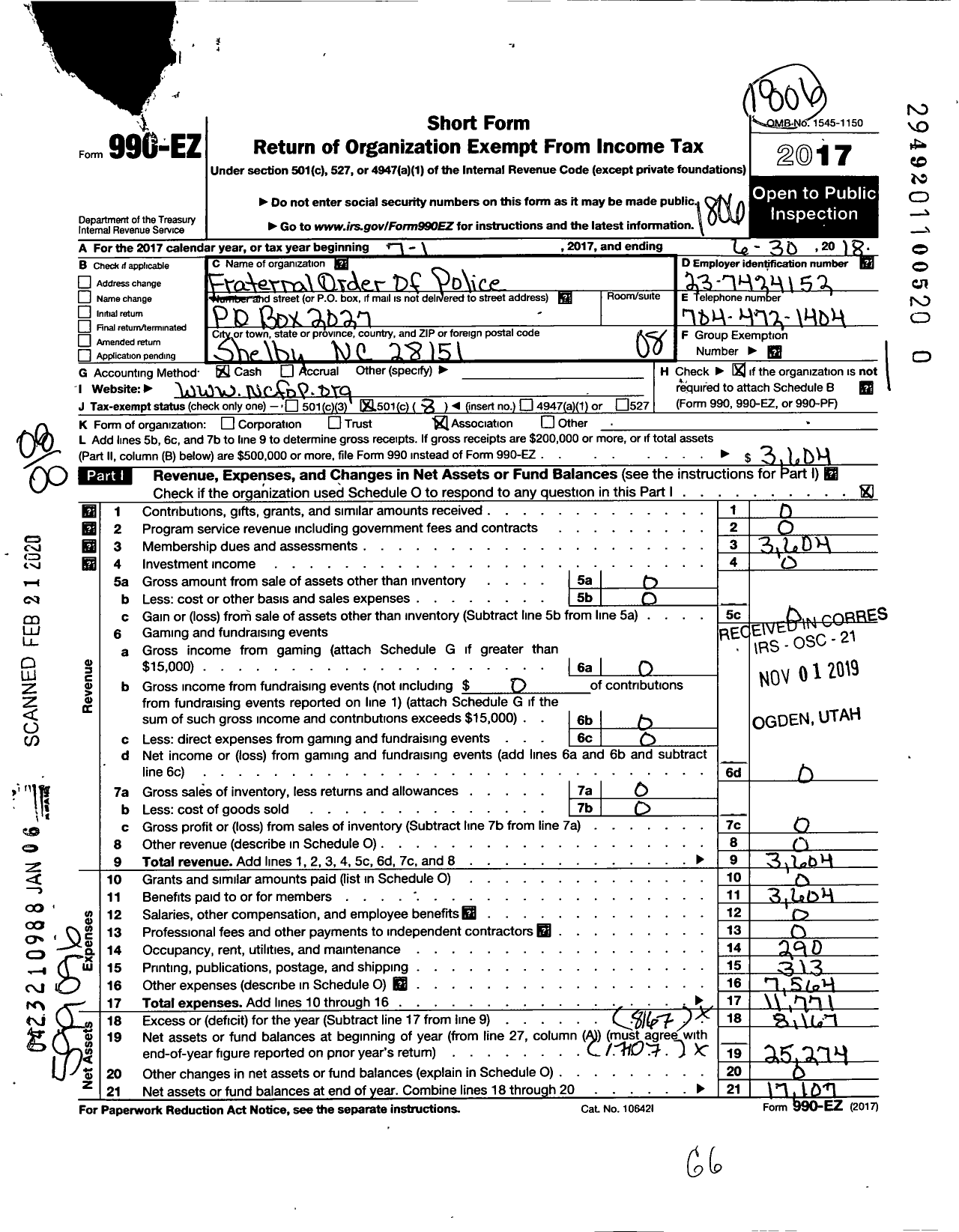 Image of first page of 2017 Form 990EO for Fraternal Order of Police - 18 Cleveland County Lodge