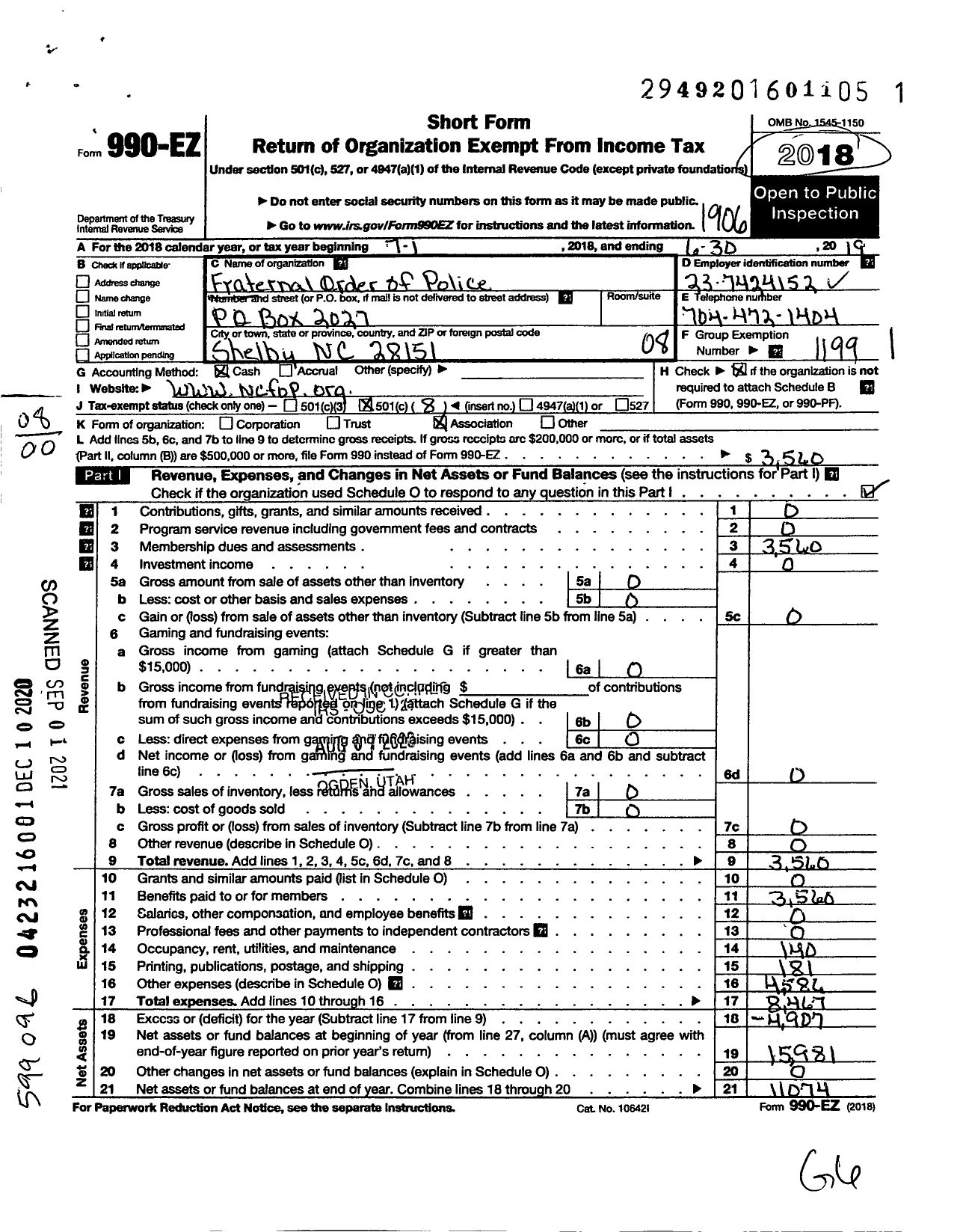 Image of first page of 2018 Form 990EO for Fraternal Order of Police - 18 Cleveland County Lodge