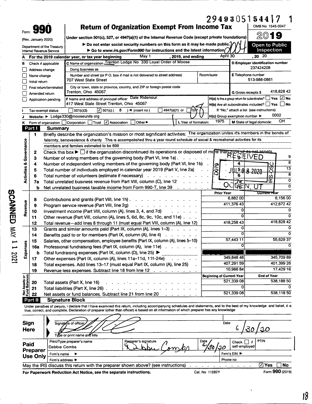 Image of first page of 2019 Form 990O for Trenton Lodge No 330 Loyal Order of Moose