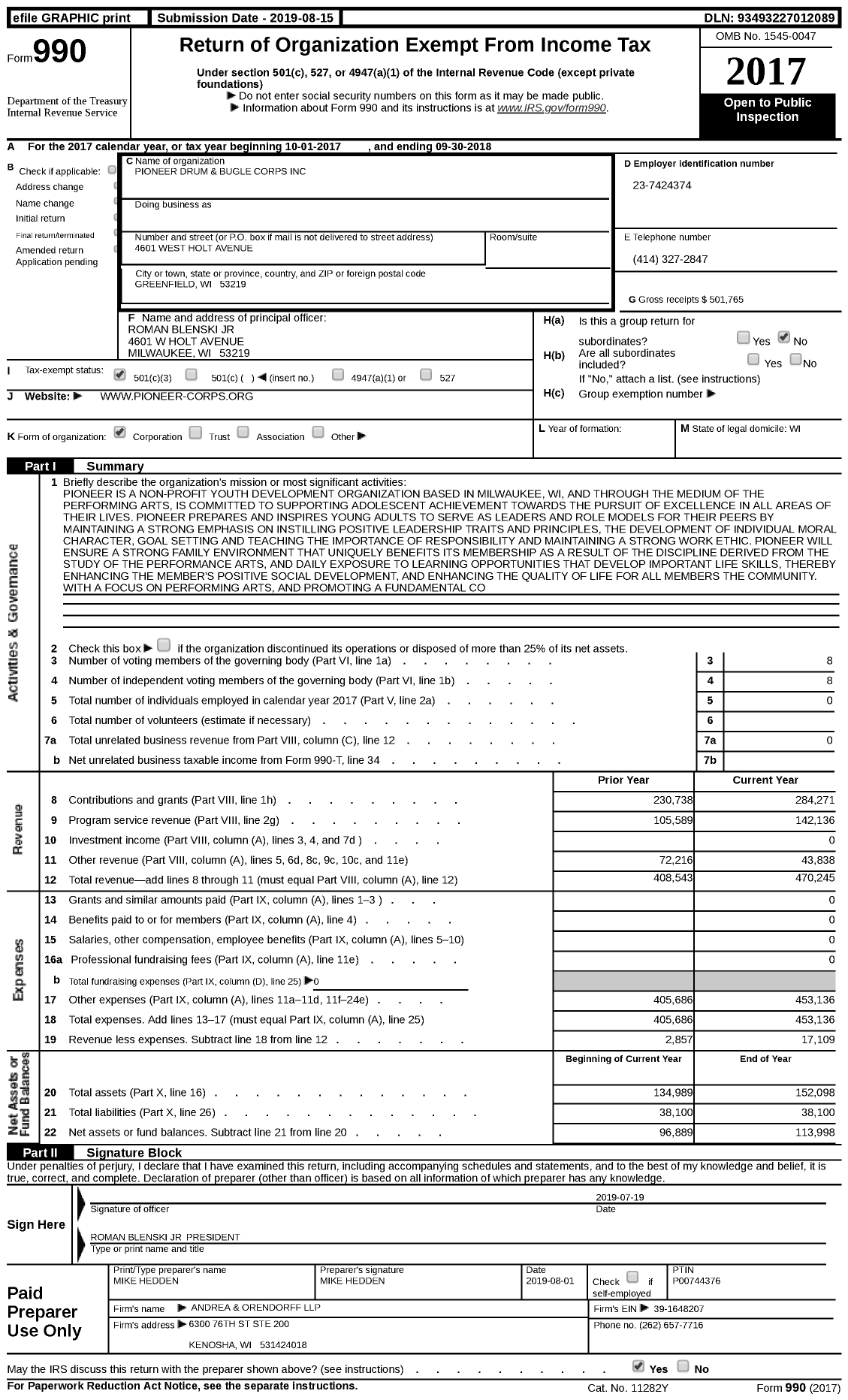 Image of first page of 2017 Form 990 for Pioneer Drum and Bugle Corps