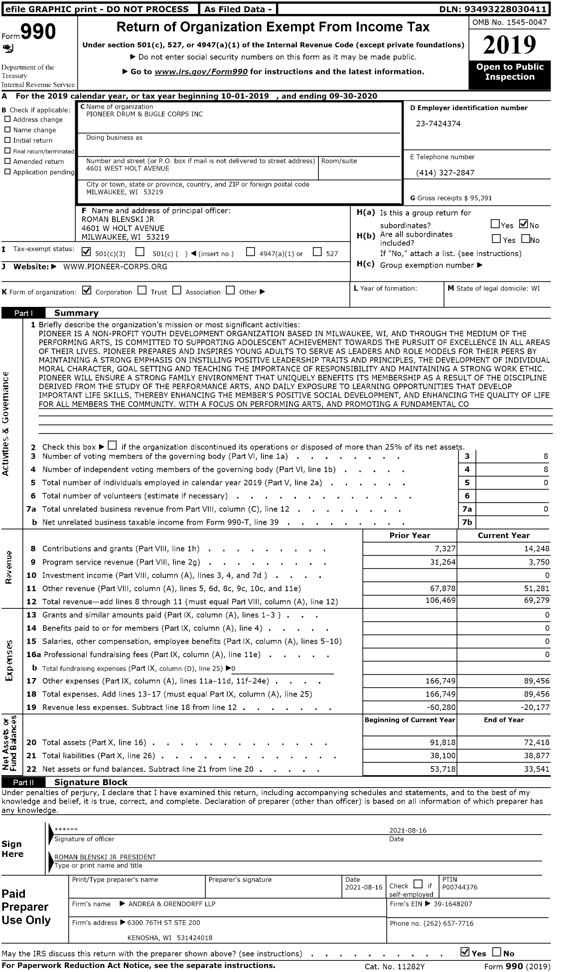 Image of first page of 2019 Form 990 for Pioneer Drum and Bugle Corps