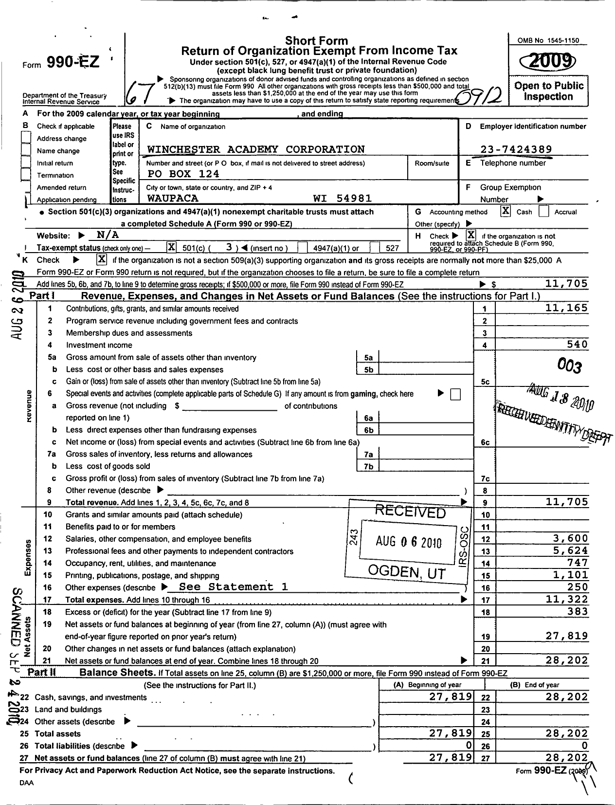 Image of first page of 2009 Form 990EZ for Winchester Academy Corporation