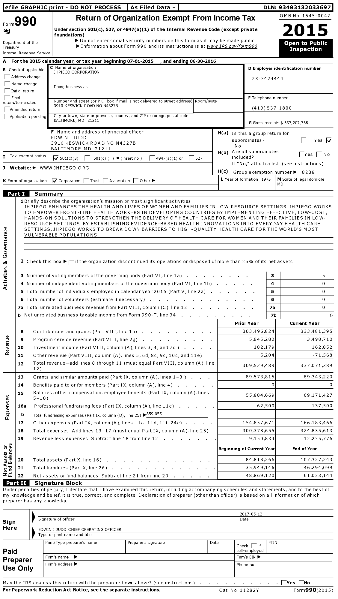 Image of first page of 2015 Form 990 for Jhpiego Corporation