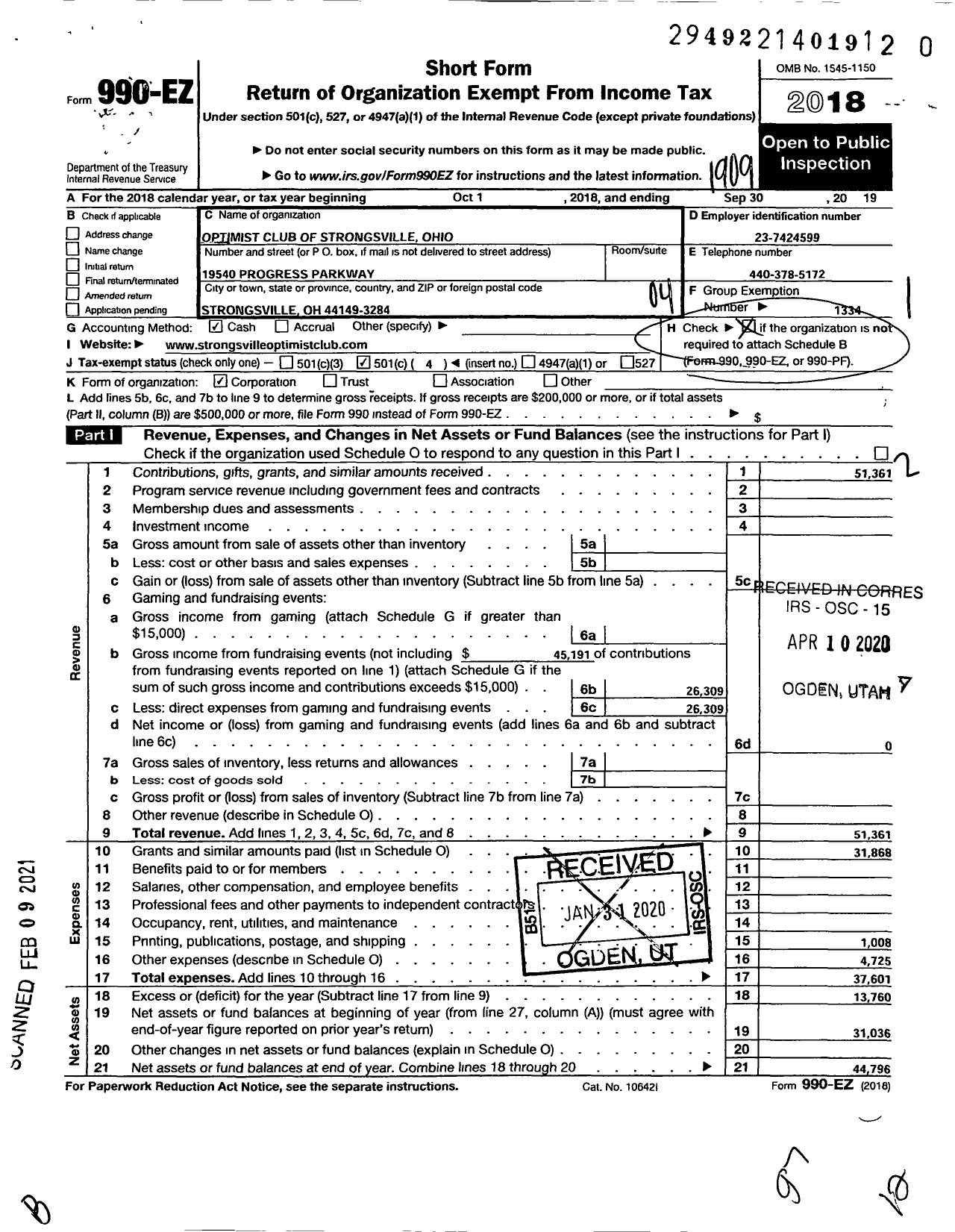 Image of first page of 2018 Form 990EO for Optimist International - 24371 Opti Club of Strongsville Oh