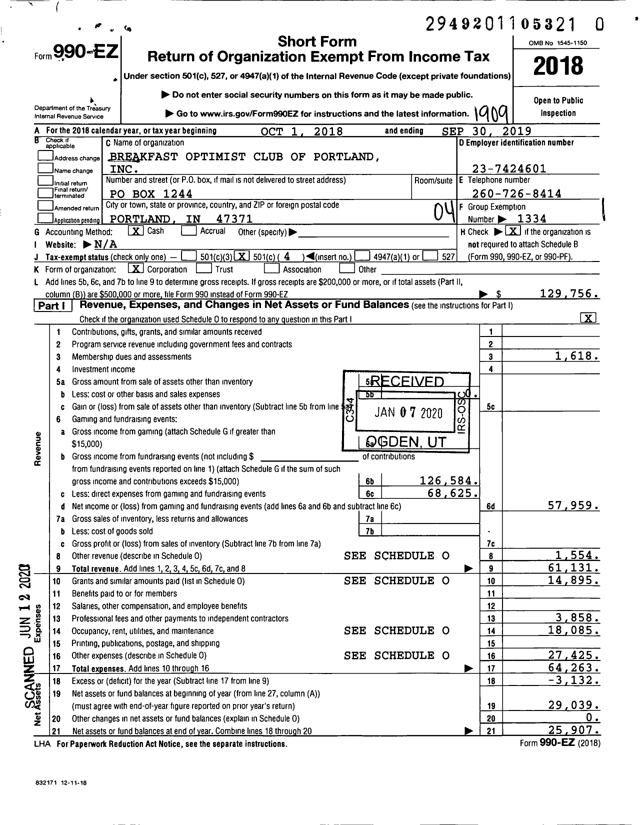 Image of first page of 2018 Form 990EO for Optimist International - 04444 Opti Club of Portland in