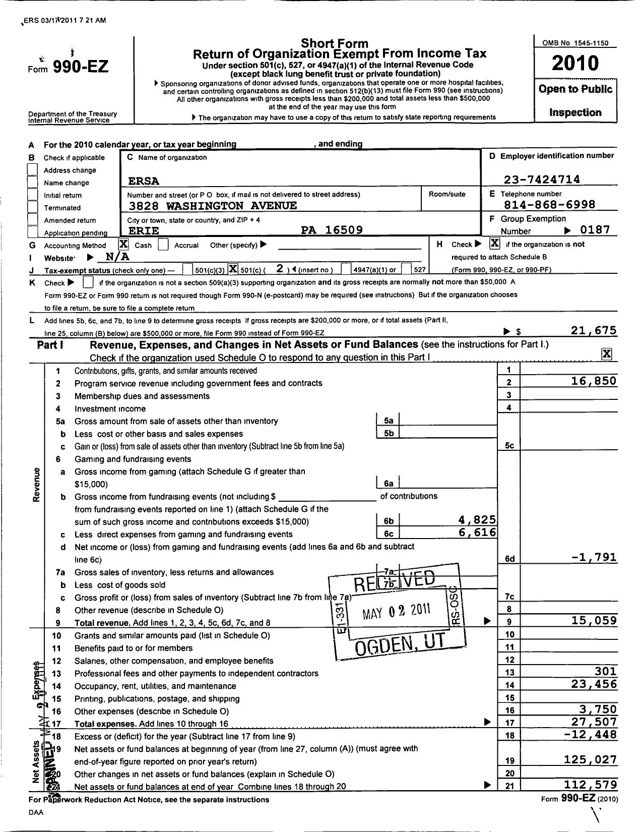 Image of first page of 2010 Form 990EO for Ersa