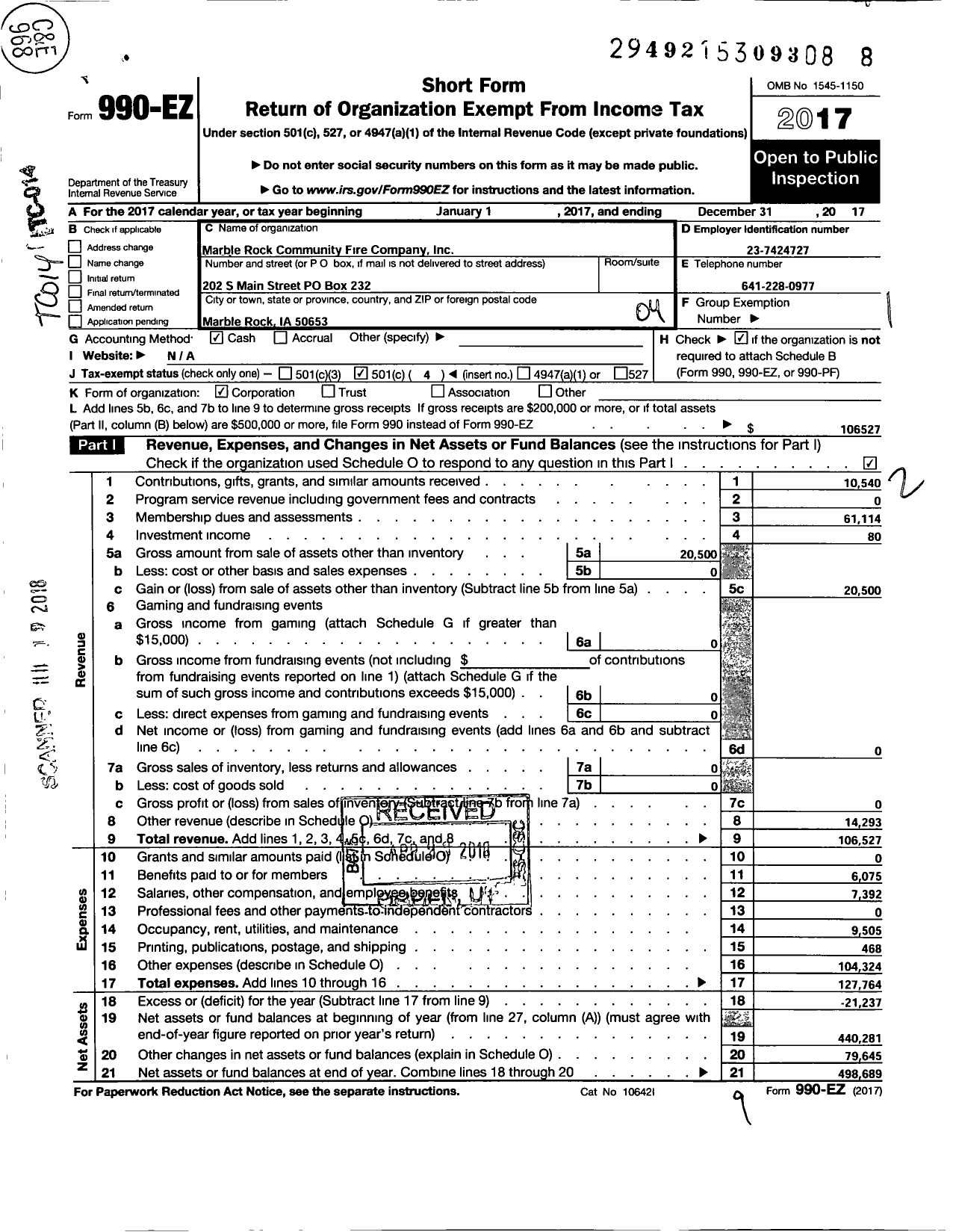 Image of first page of 2017 Form 990EO for Marble Rock Community Fire Company