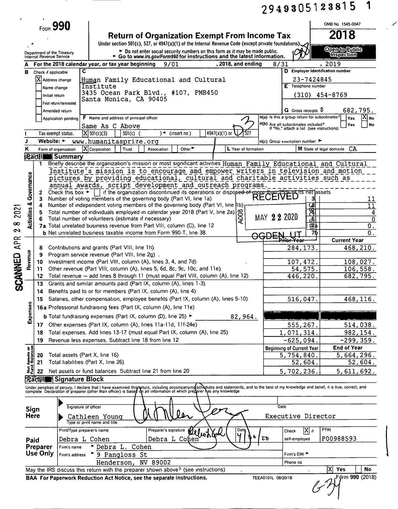 Image of first page of 2018 Form 990 for Human Family Educational and Cultural Institute