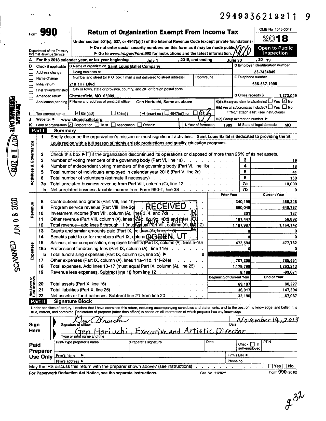 Image of first page of 2018 Form 990 for Saint Louis Ballet Company