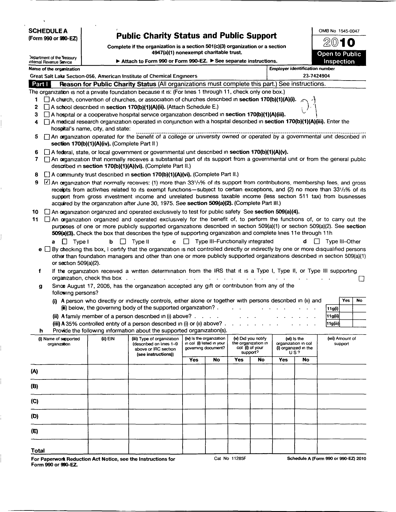 Image of first page of 2010 Form 990ER for American Institute of Chemical Engineers - 56 Great Salt Lake Local Section