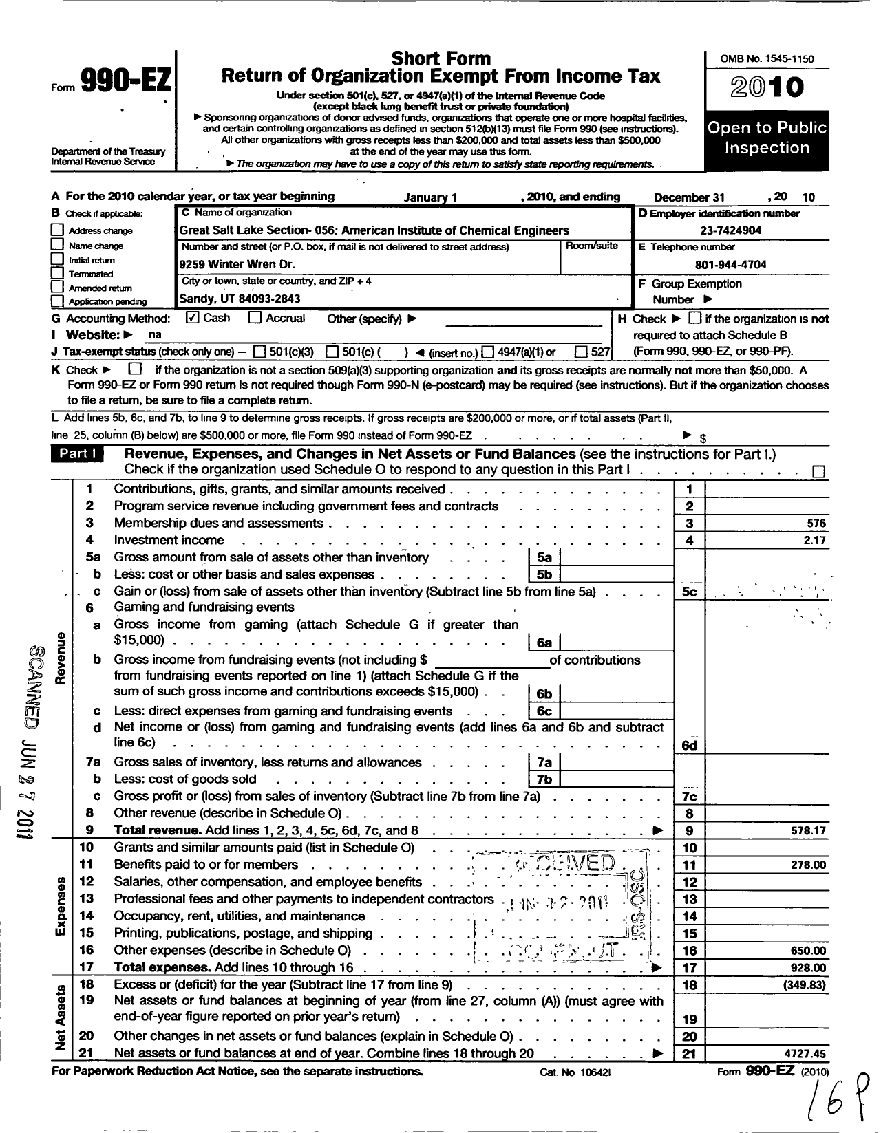 Image of first page of 2010 Form 990EO for American Institute of Chemical Engineers - 56 Great Salt Lake Local Section