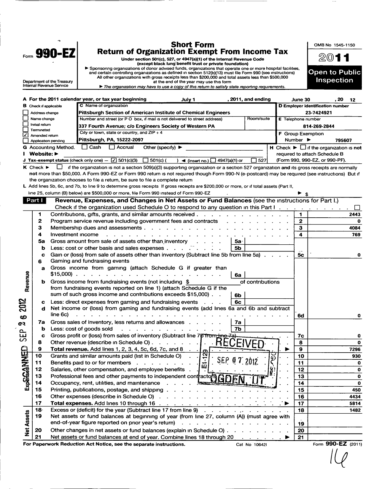 Image of first page of 2011 Form 990EZ for American Institute of Chemical Engineers - 7 Pittsburgh Local Section