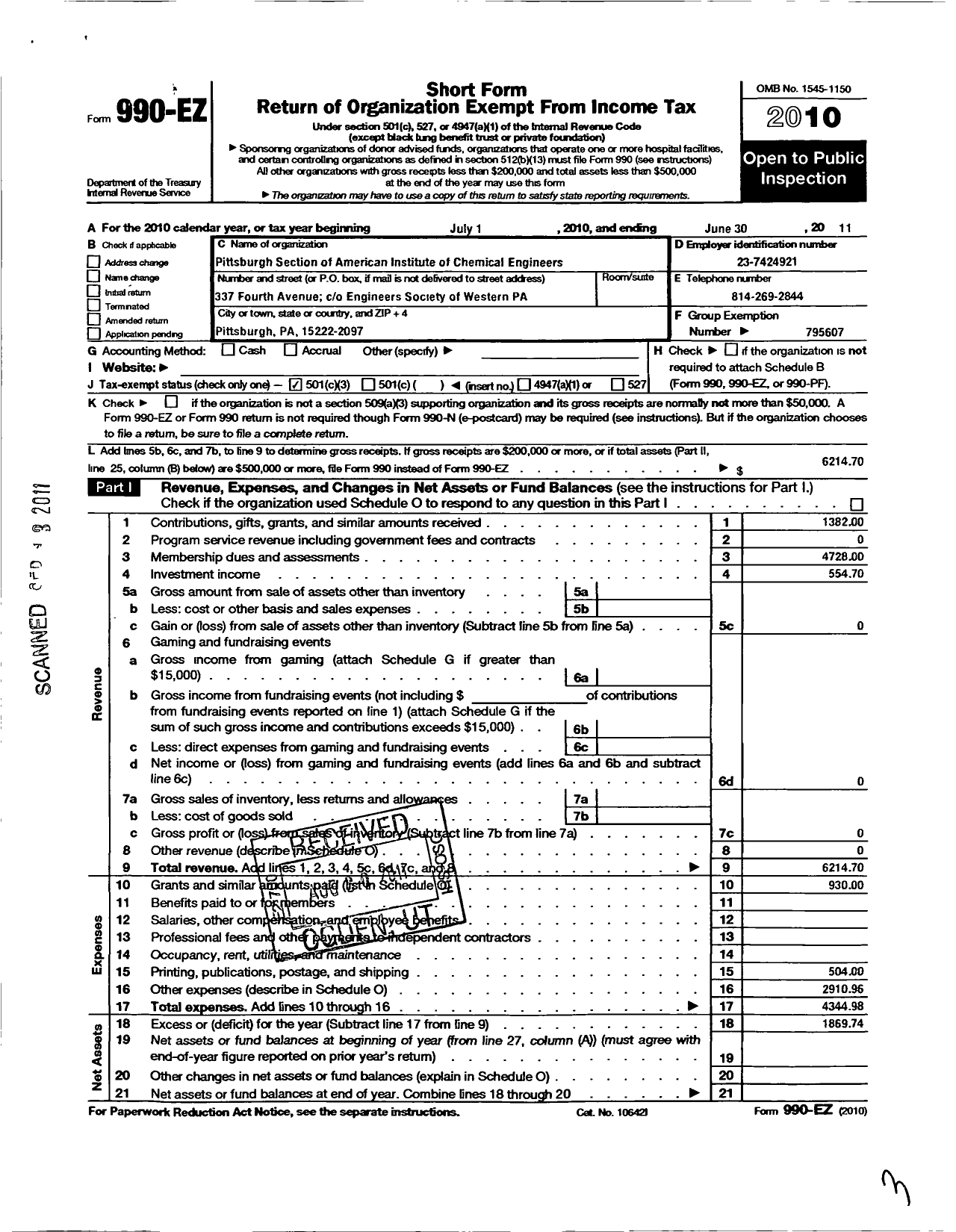 Image of first page of 2010 Form 990EZ for American Institute of Chemical Engineers - 7 Pittsburgh Local Section