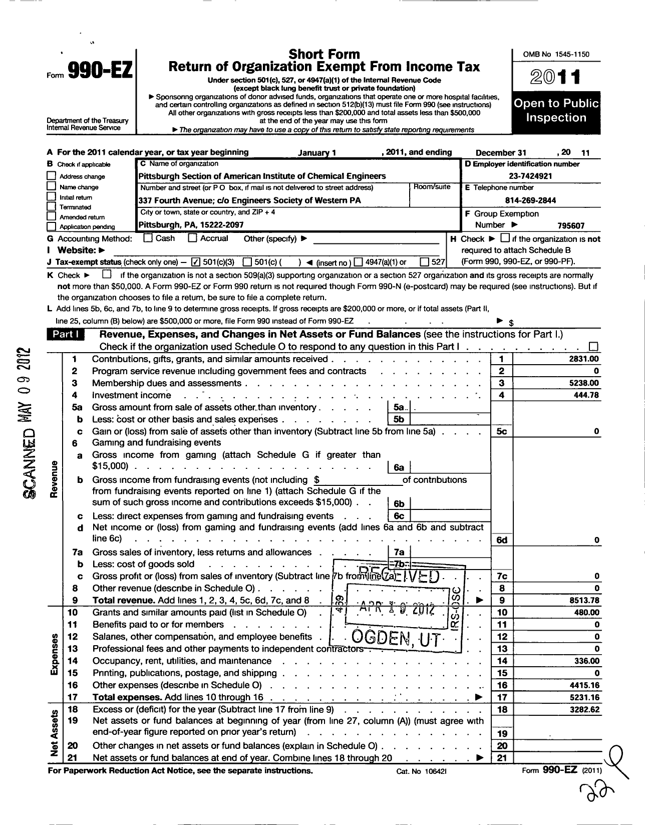 Image of first page of 2011 Form 990EZ for American Institute of Chemical Engineers - 7 Pittsburgh Local Section