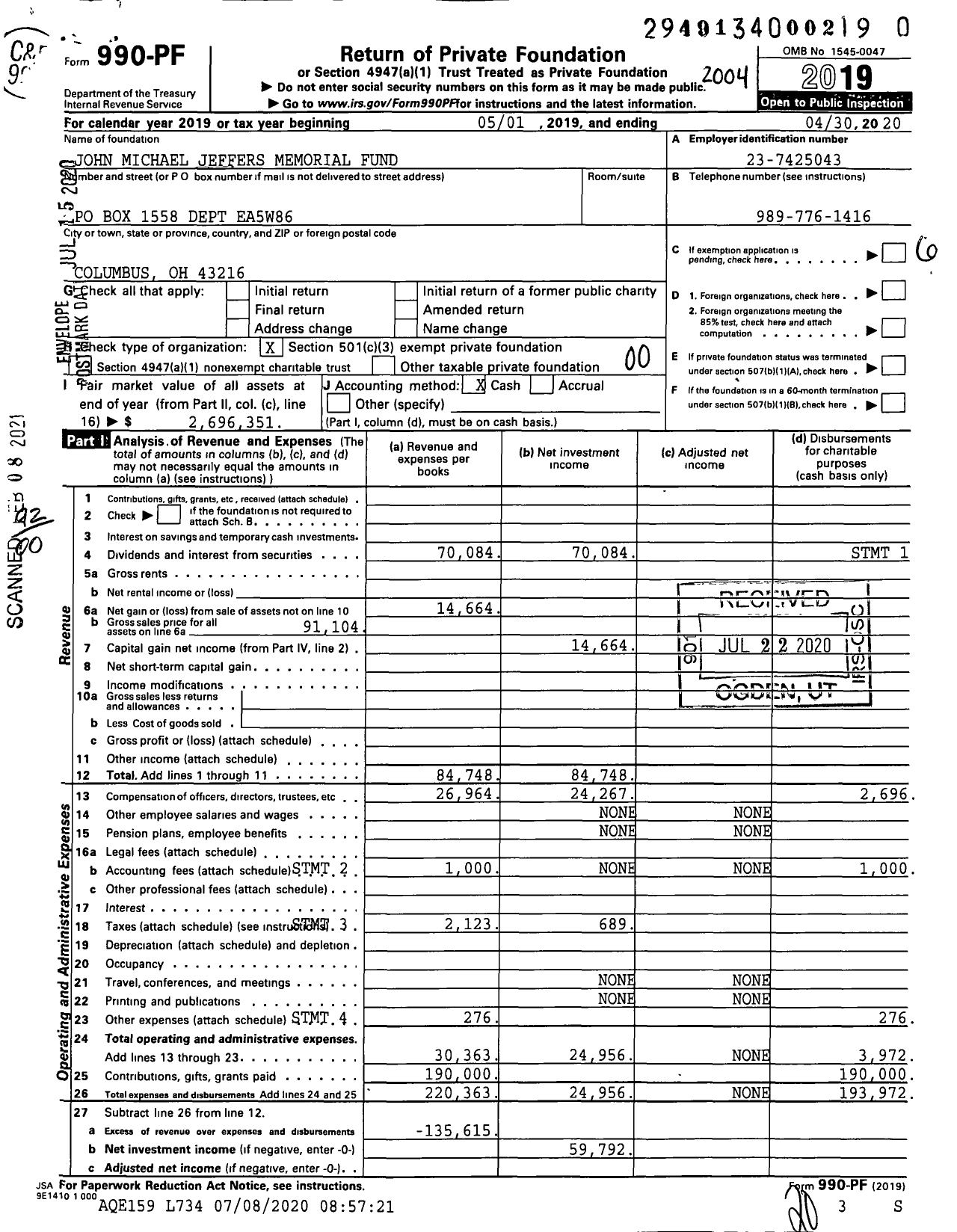 Image of first page of 2019 Form 990PF for John Michael Jeffers Memorial Fund