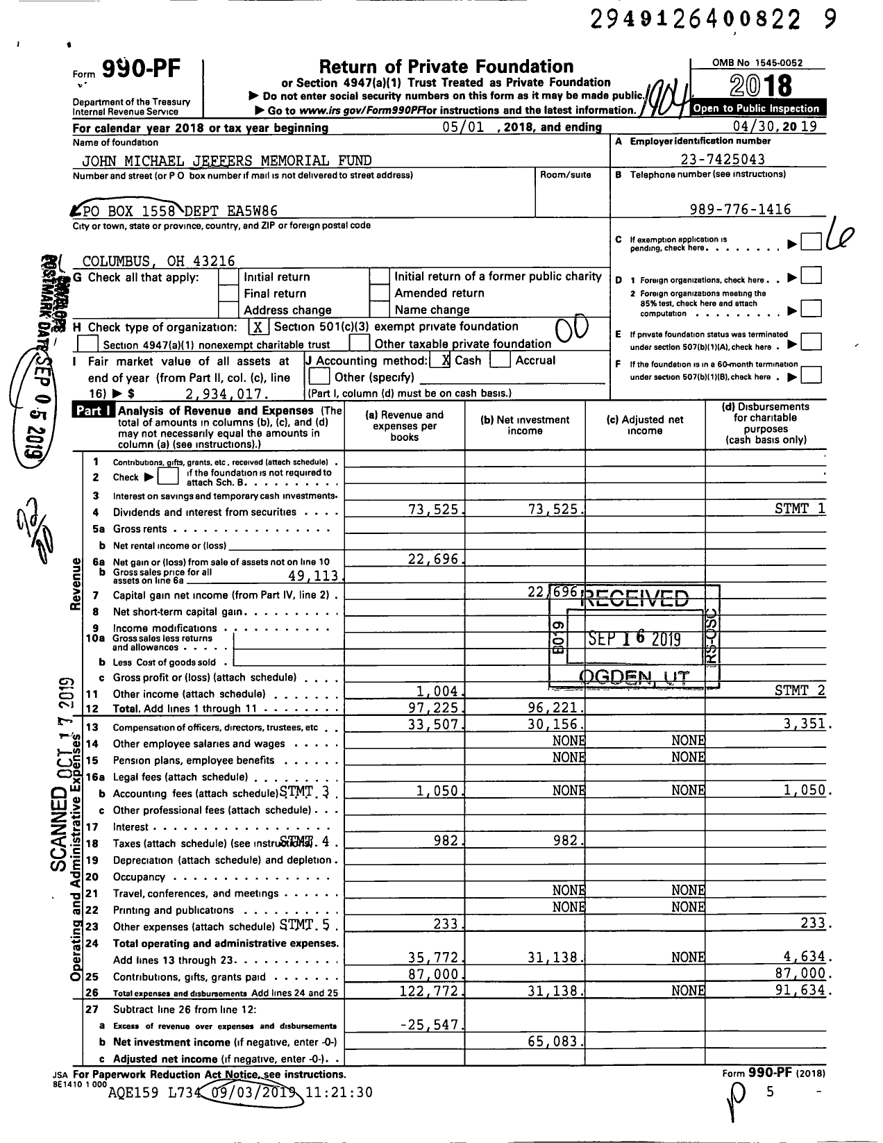 Image of first page of 2018 Form 990PF for John Michael Jeffers Memorial Fund