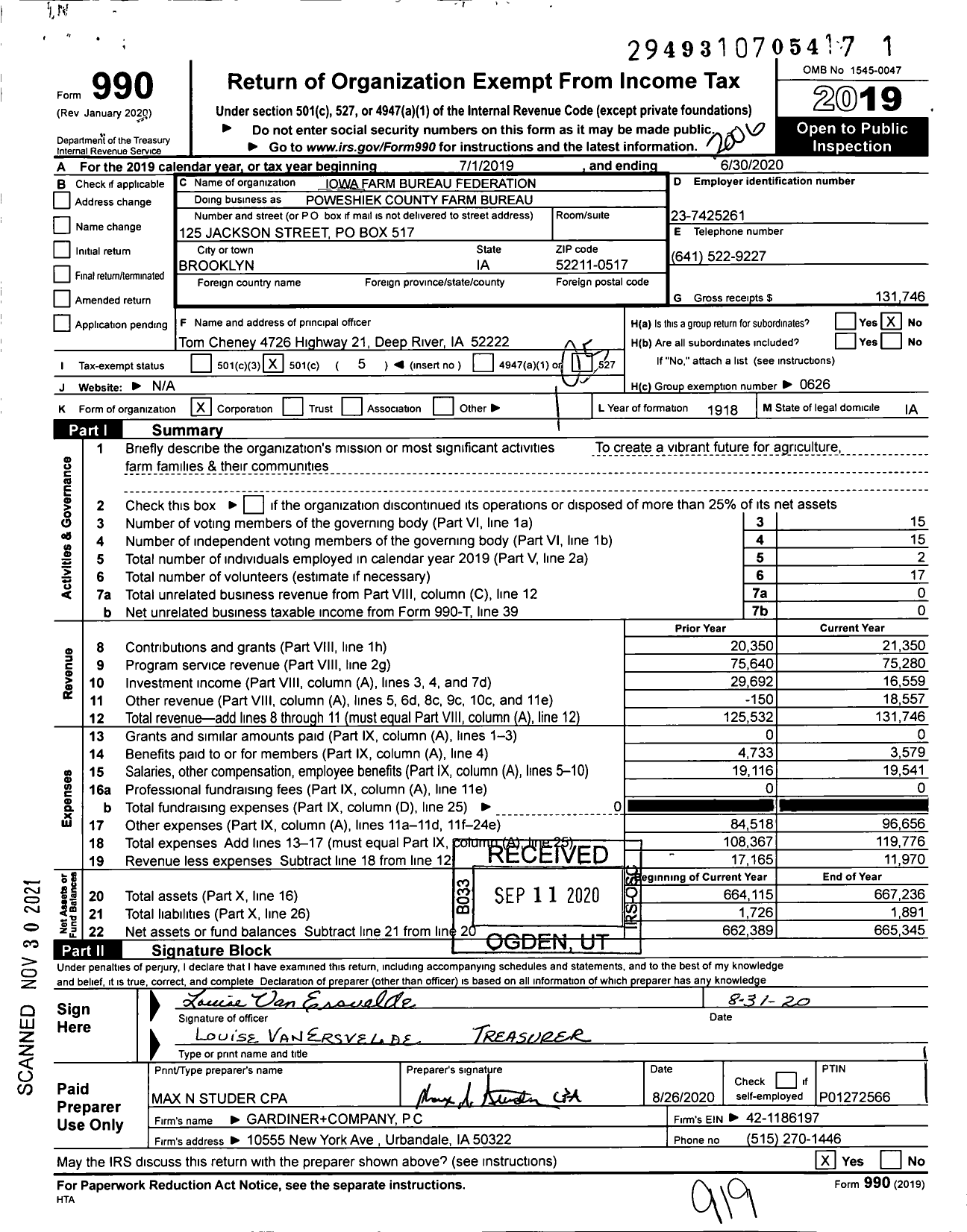 Image of first page of 2019 Form 990O for Iowa Farm Bureau Federation - Poweshiek County Farm Bureau