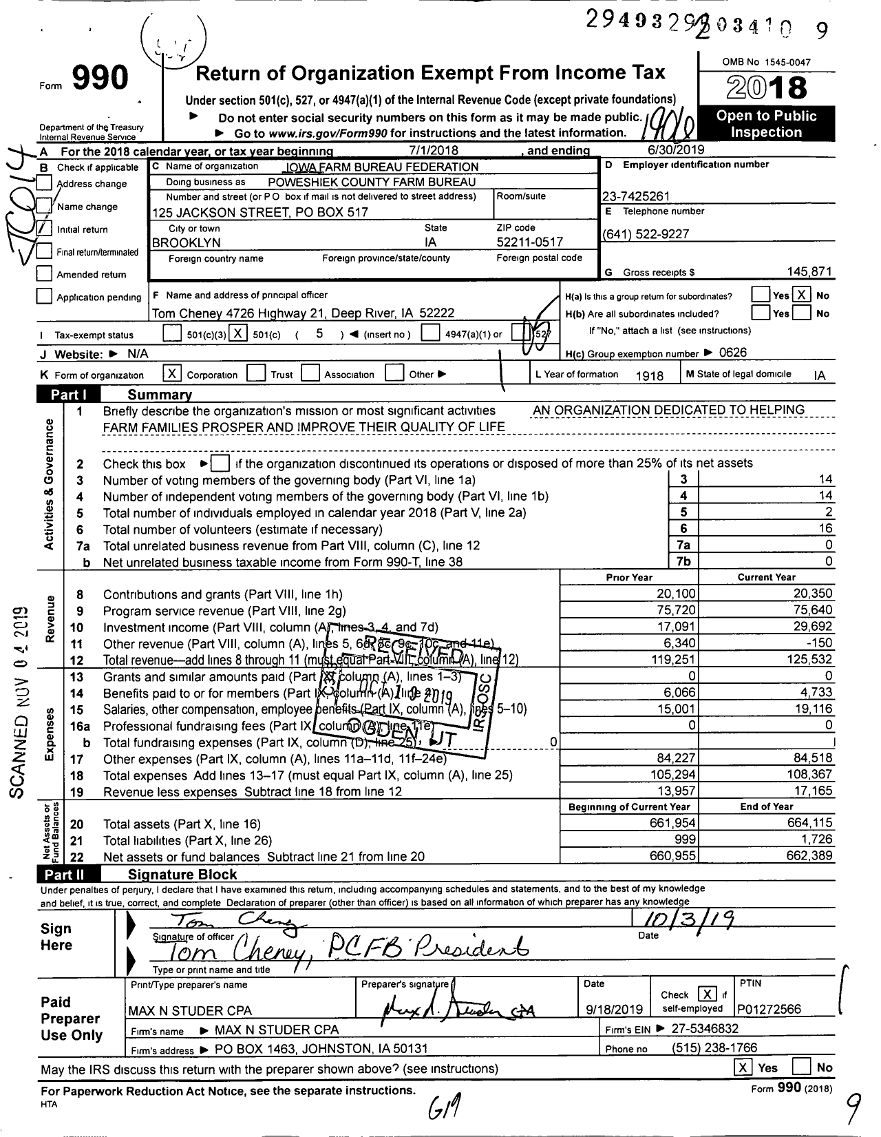 Image of first page of 2018 Form 990O for Iowa Farm Bureau Federation - Poweshiek County Farm Bureau