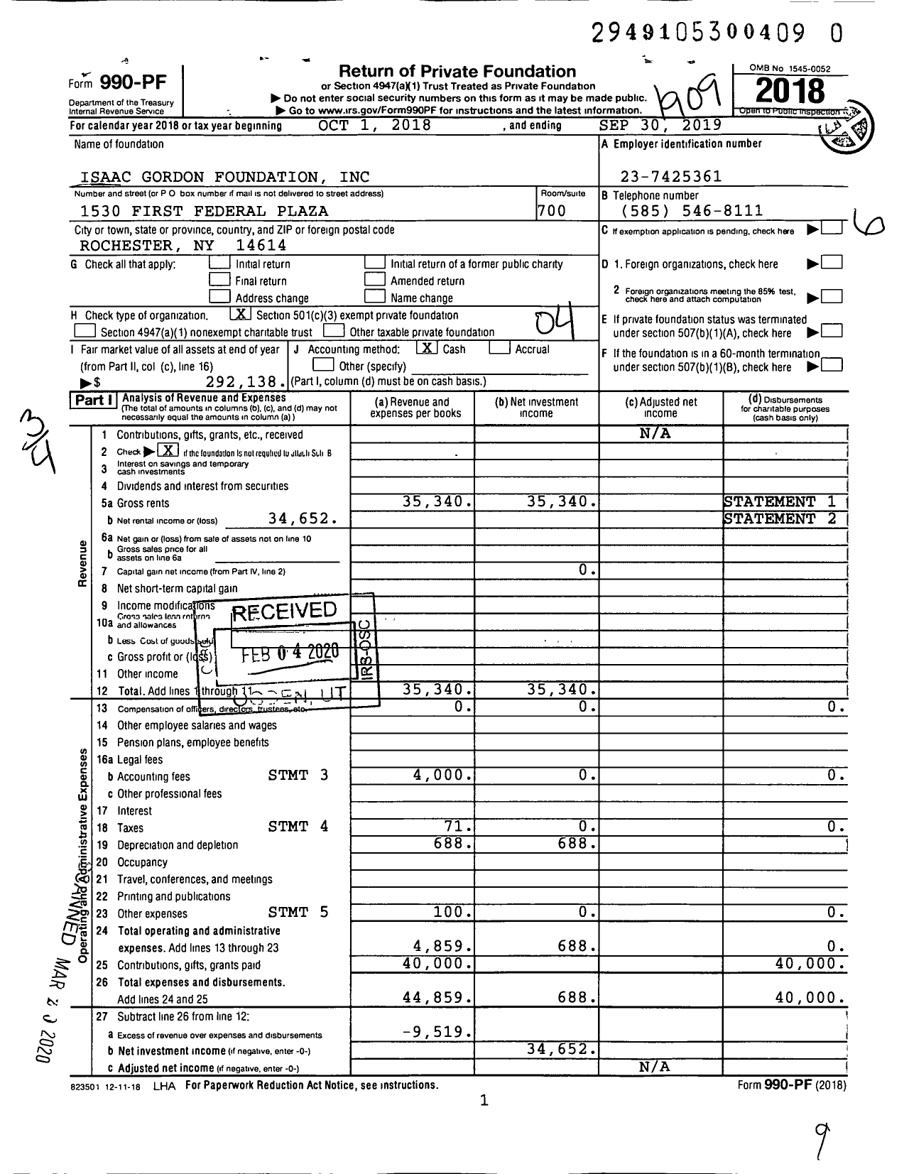 Image of first page of 2018 Form 990PR for Isaac Gordon Foundation