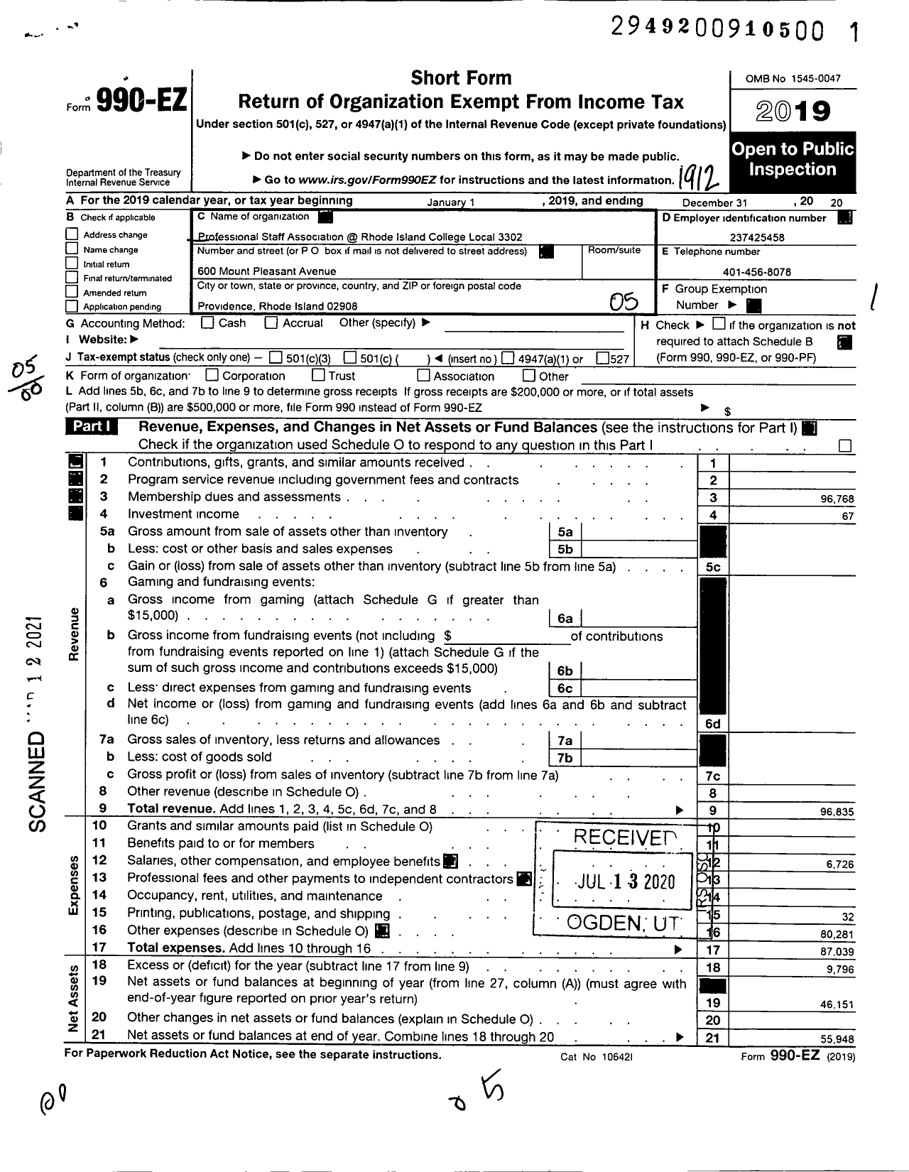 Image of first page of 2019 Form 990EO for AMERICAN FEDERATION OF TEACHERS - 3302 Professional Staff Association