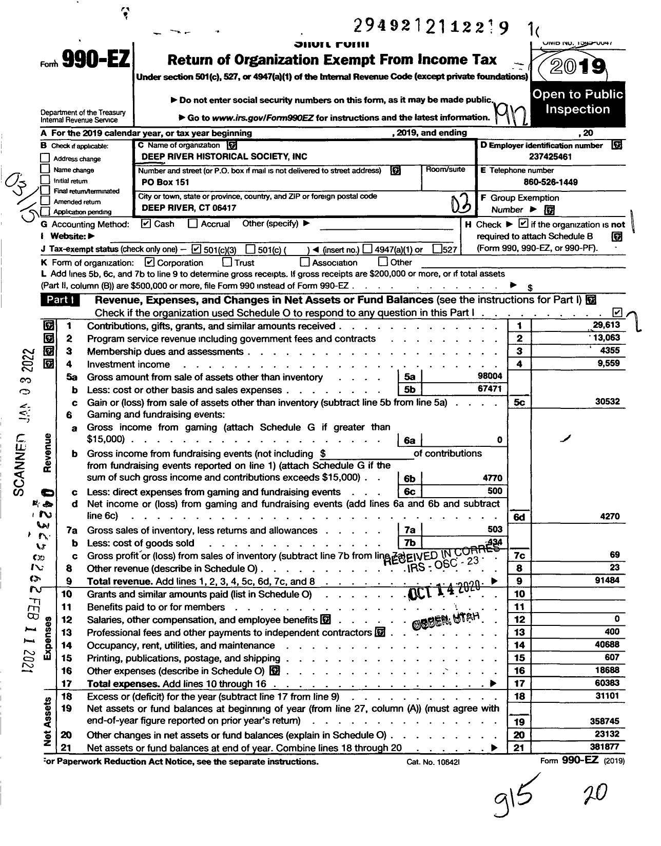 Image of first page of 2019 Form 990EZ for Deep River Historical Society Incorporated