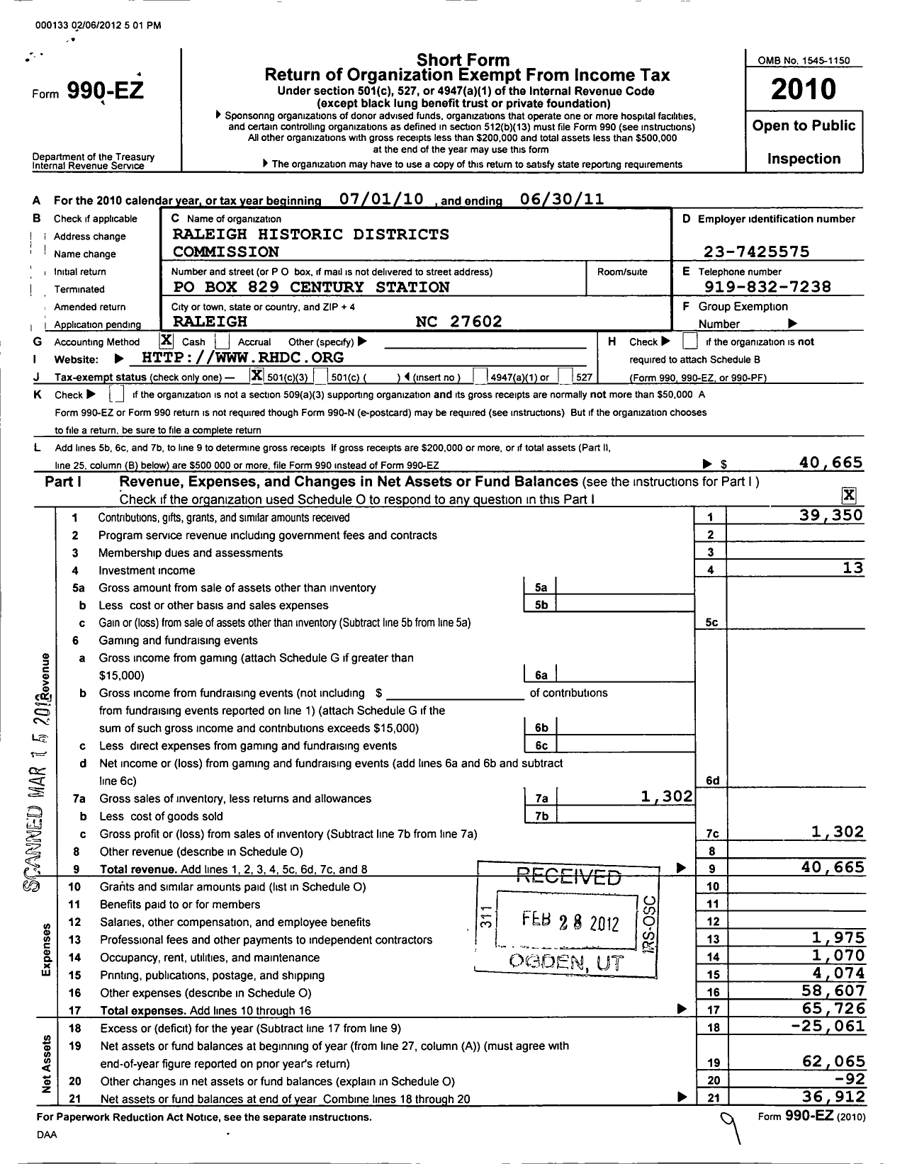 Image of first page of 2010 Form 990EZ for Preservation Raleigh