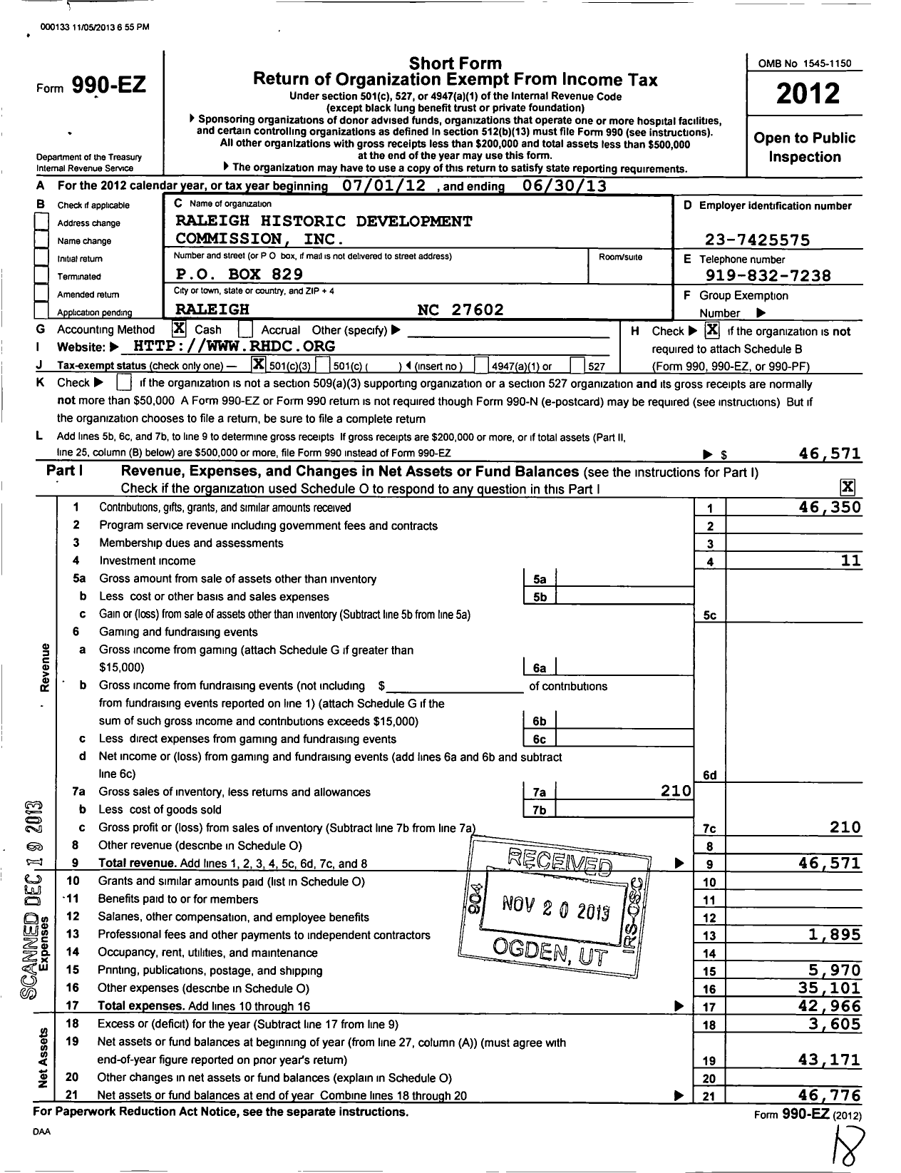 Image of first page of 2012 Form 990EZ for Preservation Raleigh