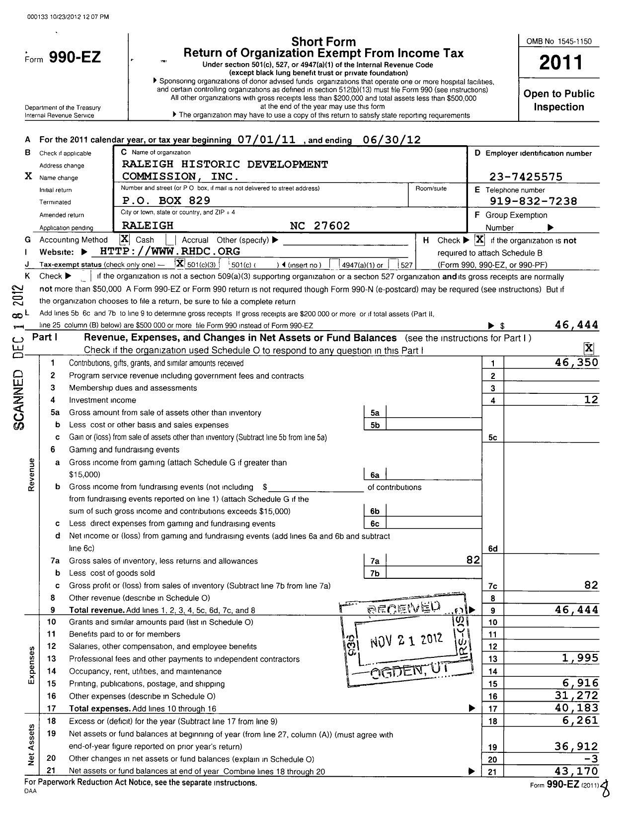 Image of first page of 2011 Form 990EZ for Preservation Raleigh