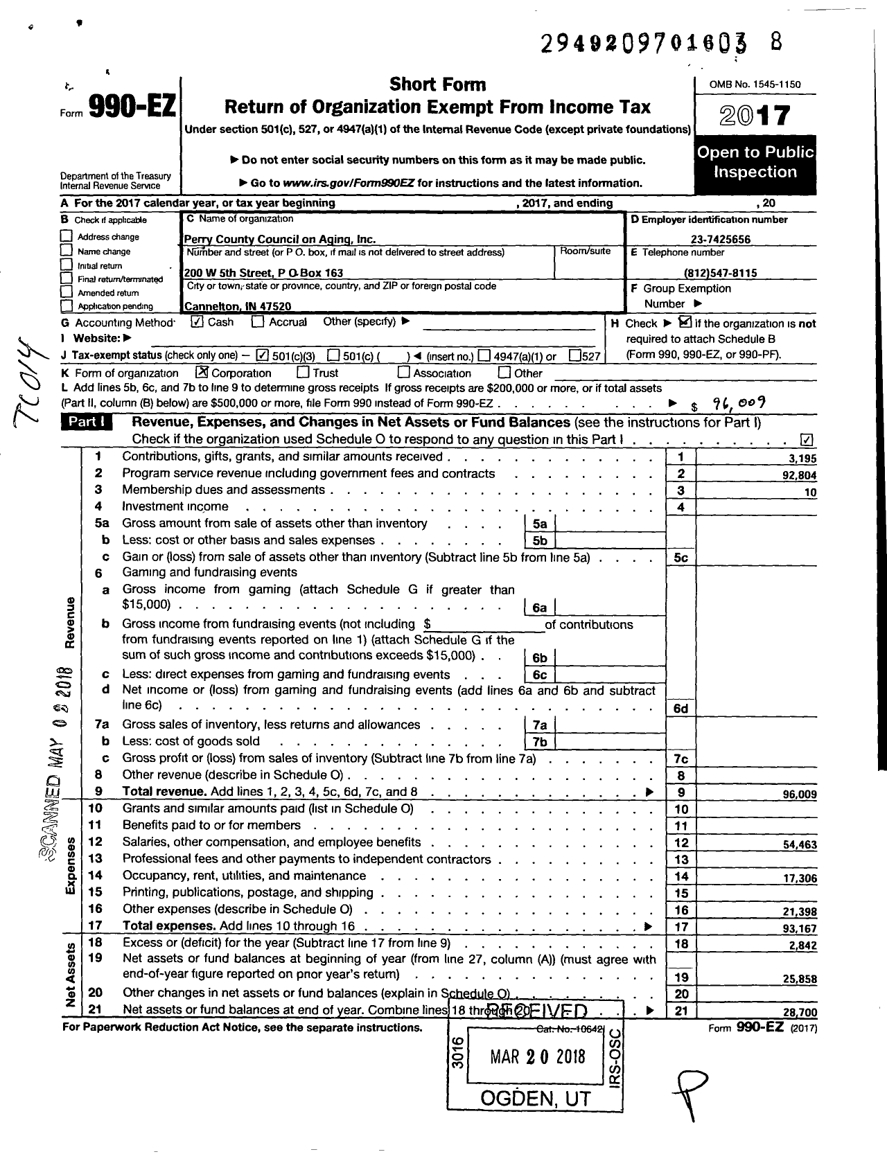 Image of first page of 2017 Form 990EZ for Perry County Council on Aging