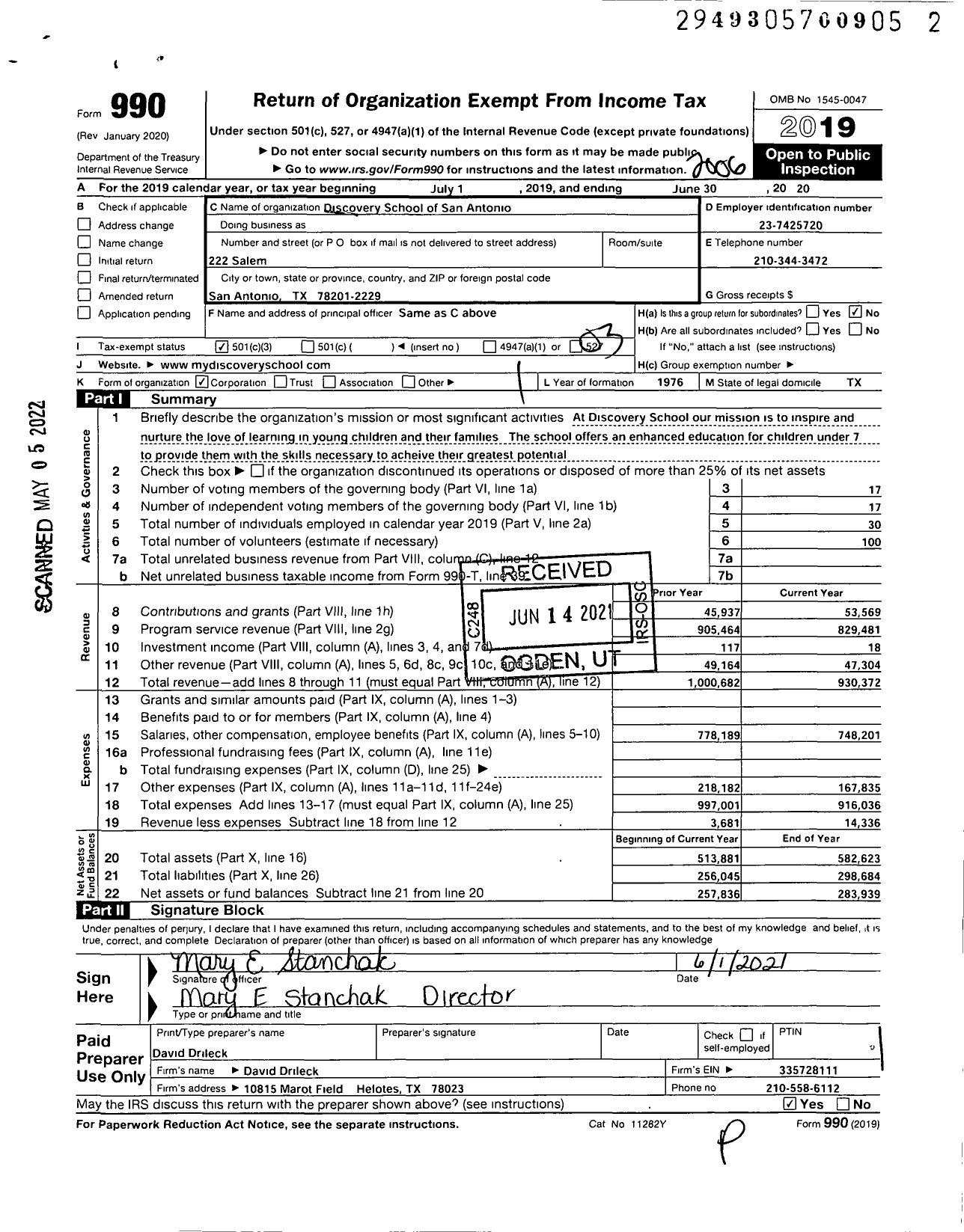 Image of first page of 2019 Form 990 for Discovery School of San Antonio