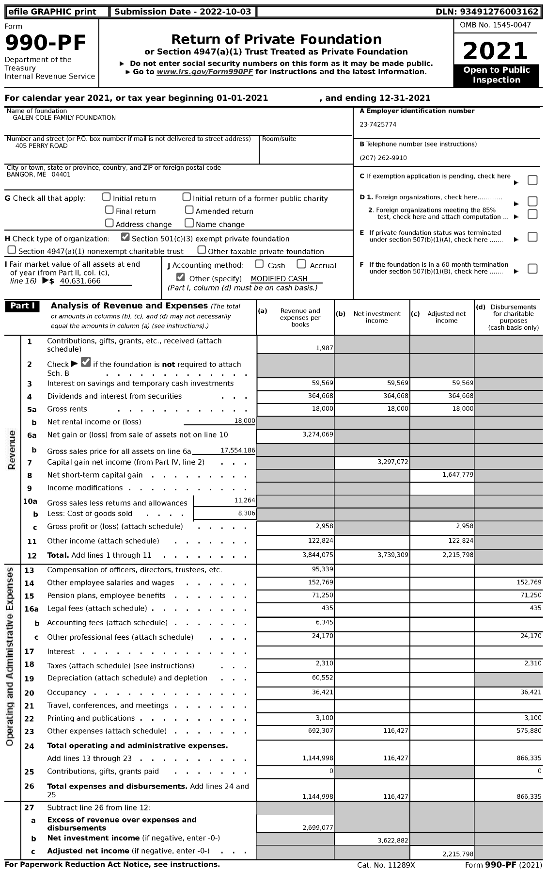 Image of first page of 2021 Form 990PF for Galen Cole Family Foundation