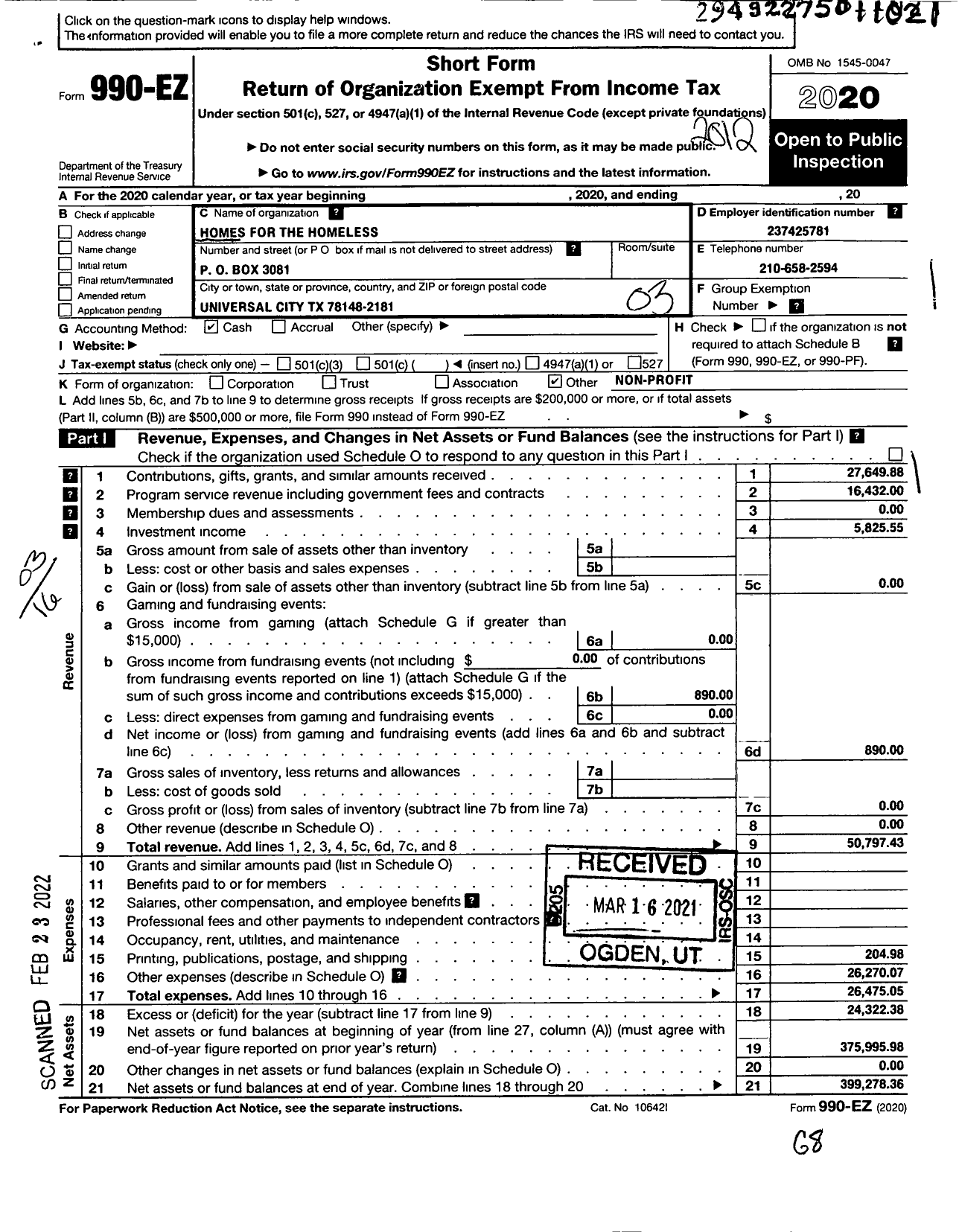 Image of first page of 2020 Form 990EZ for Homes for the Homeless