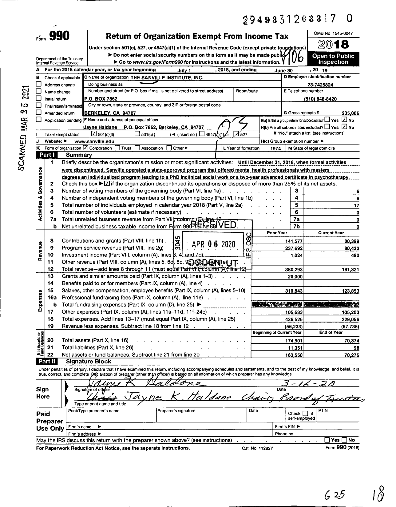 Image of first page of 2018 Form 990 for The Sanville Institute