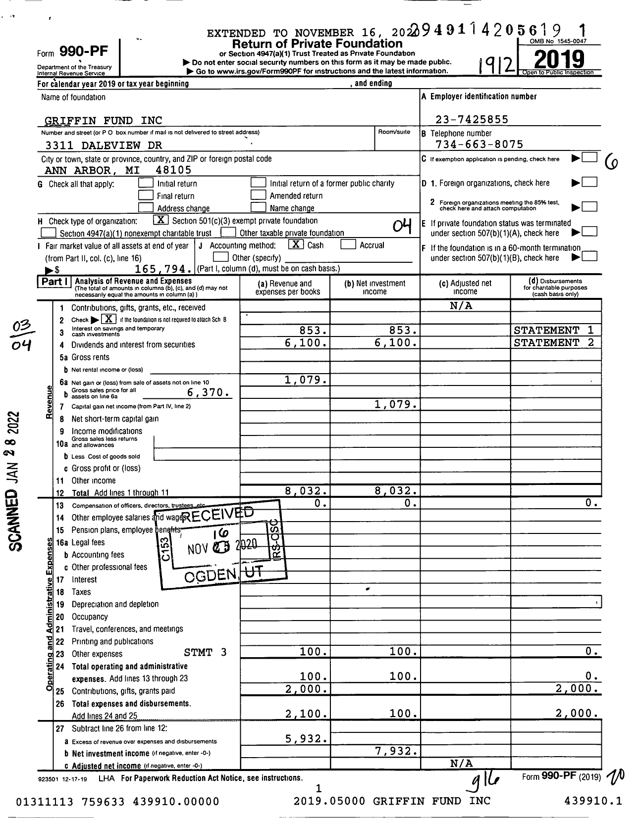 Image of first page of 2019 Form 990PF for Griffin Fund