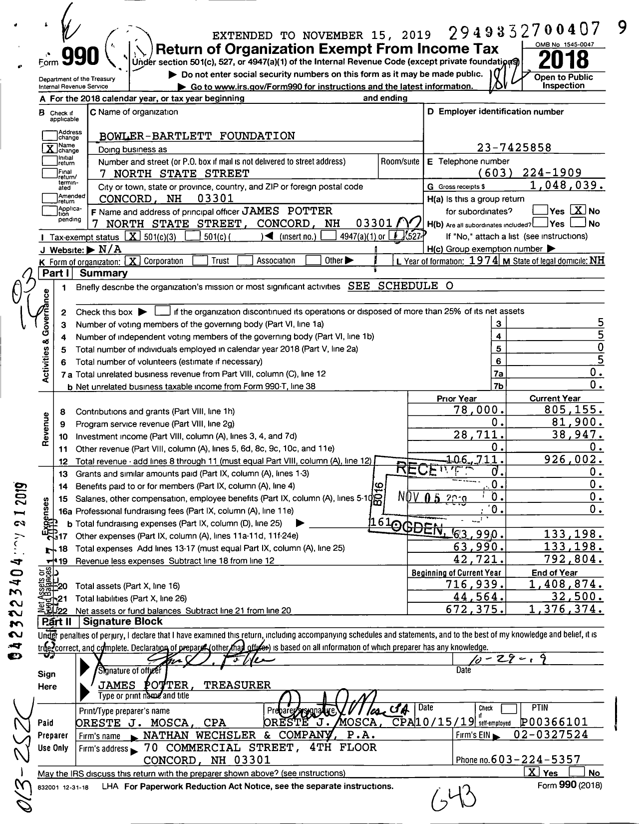 Image of first page of 2018 Form 990 for Bowler-Bartlett Foundation