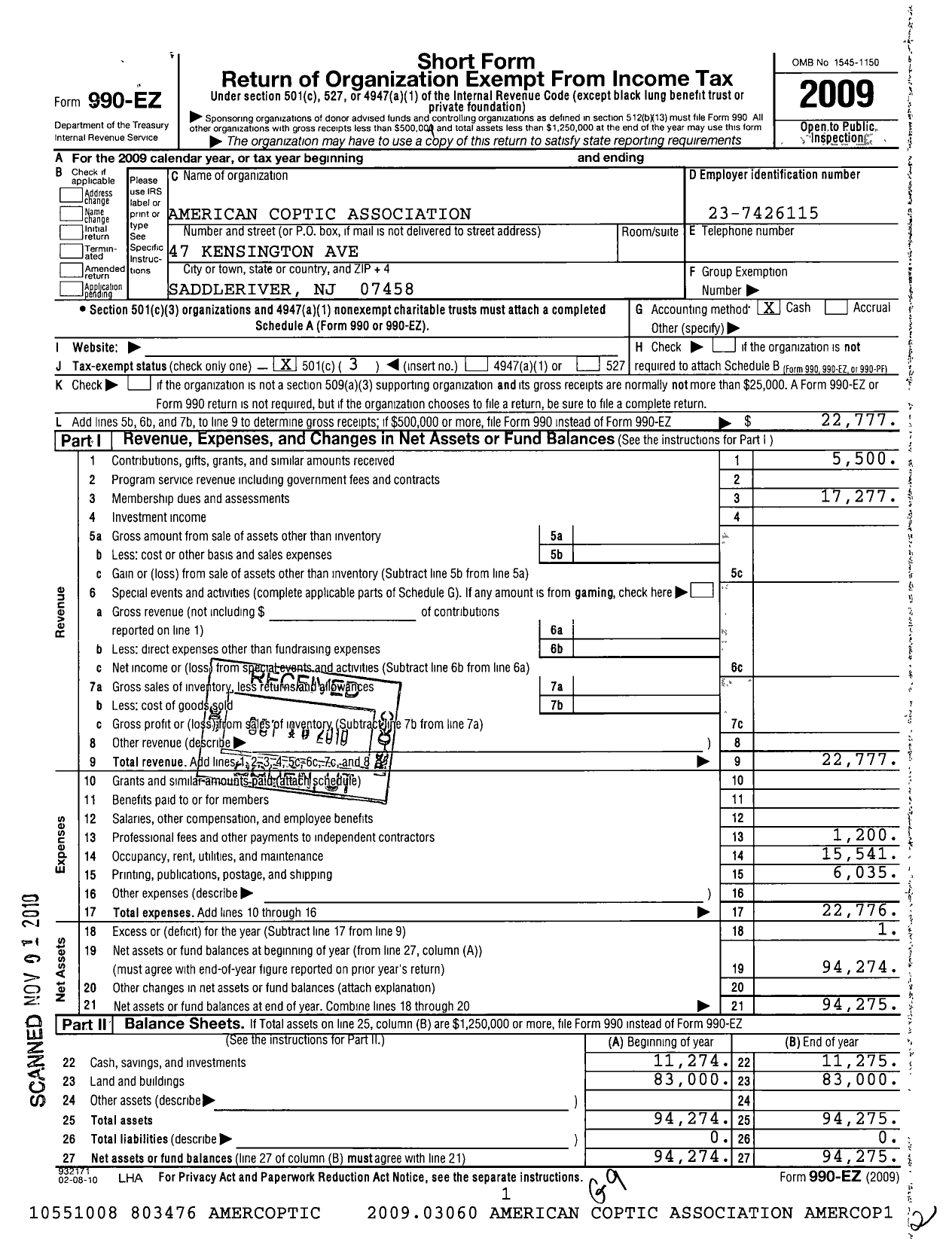 Image of first page of 2009 Form 990EZ for American Coptic Association