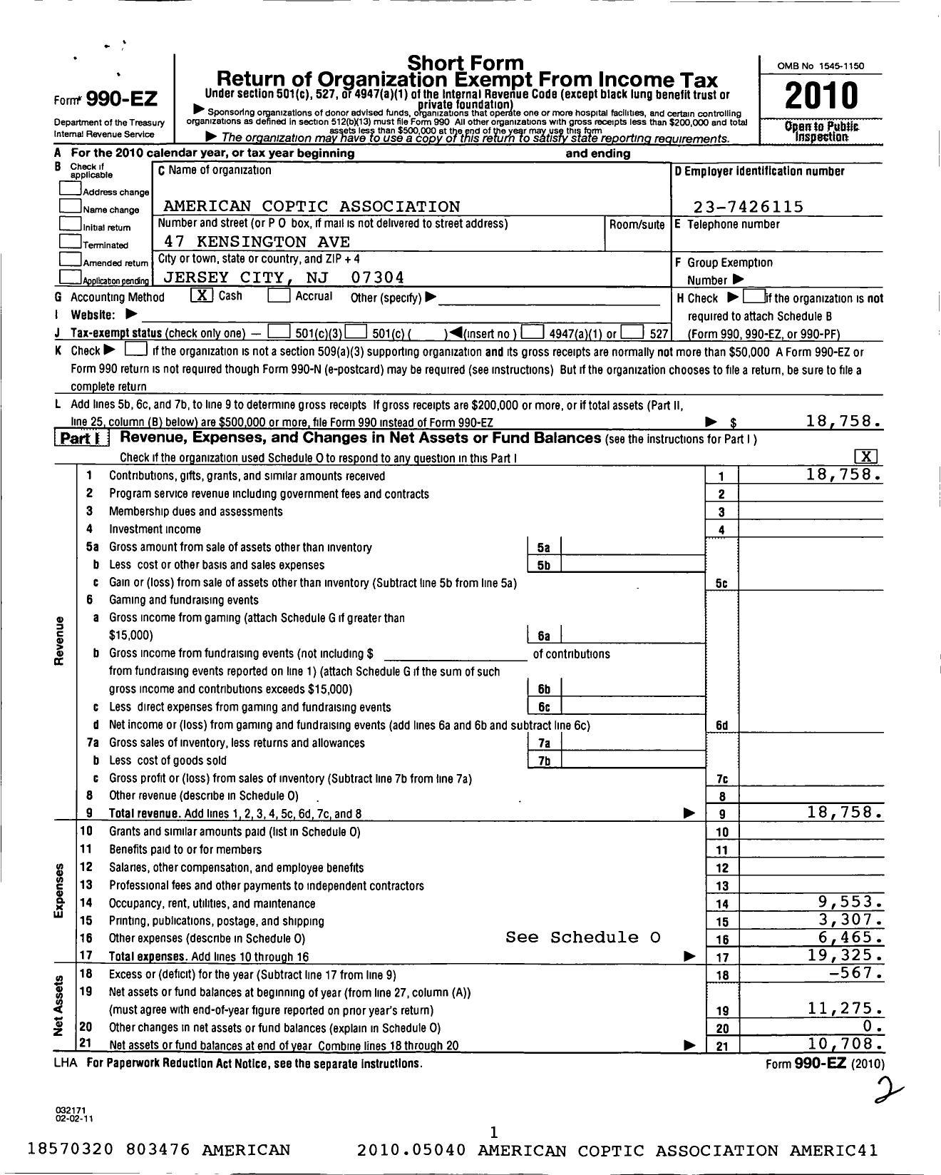 Image of first page of 2010 Form 990EO for American Coptic Association