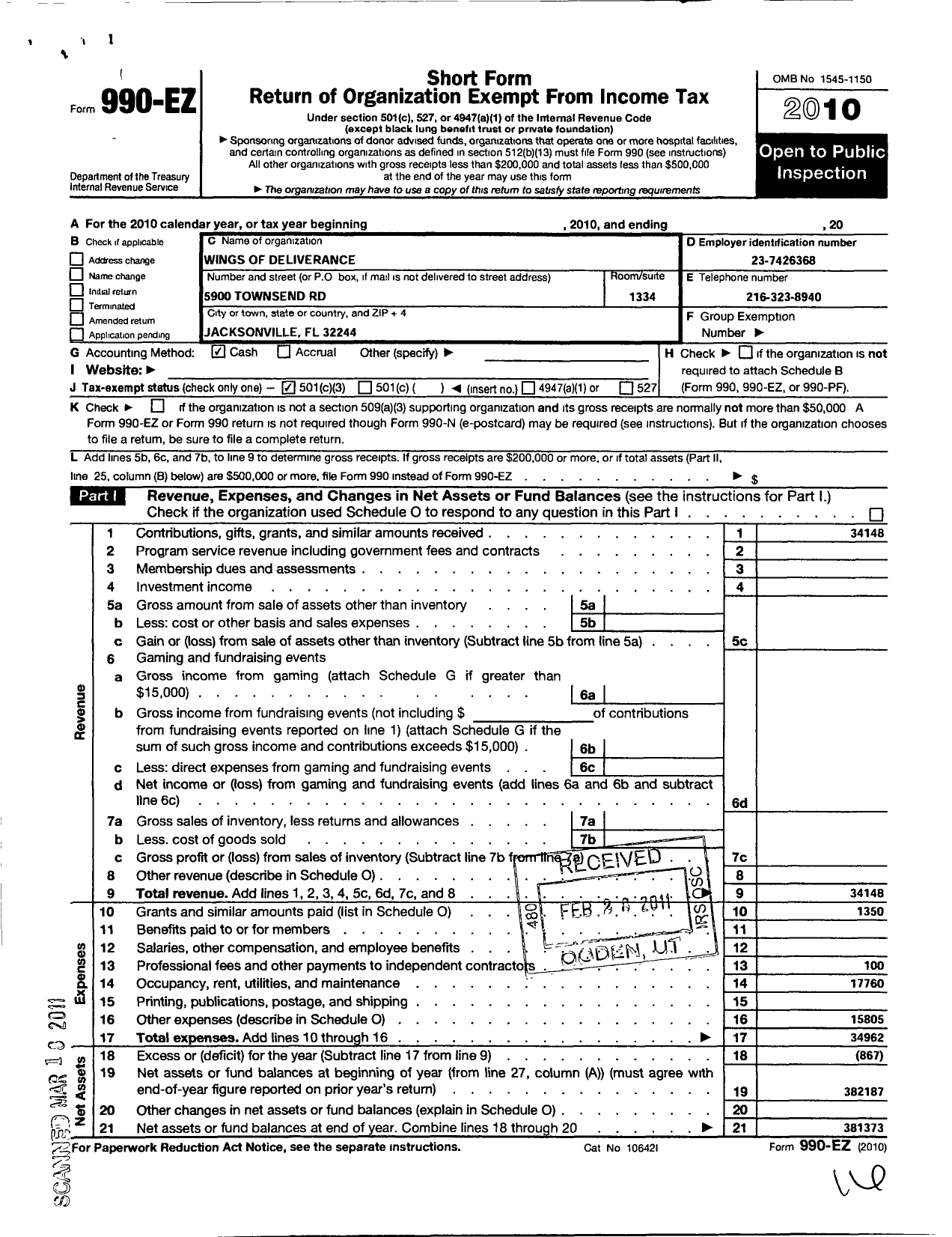 Image of first page of 2010 Form 990EZ for Wings of Deliverence