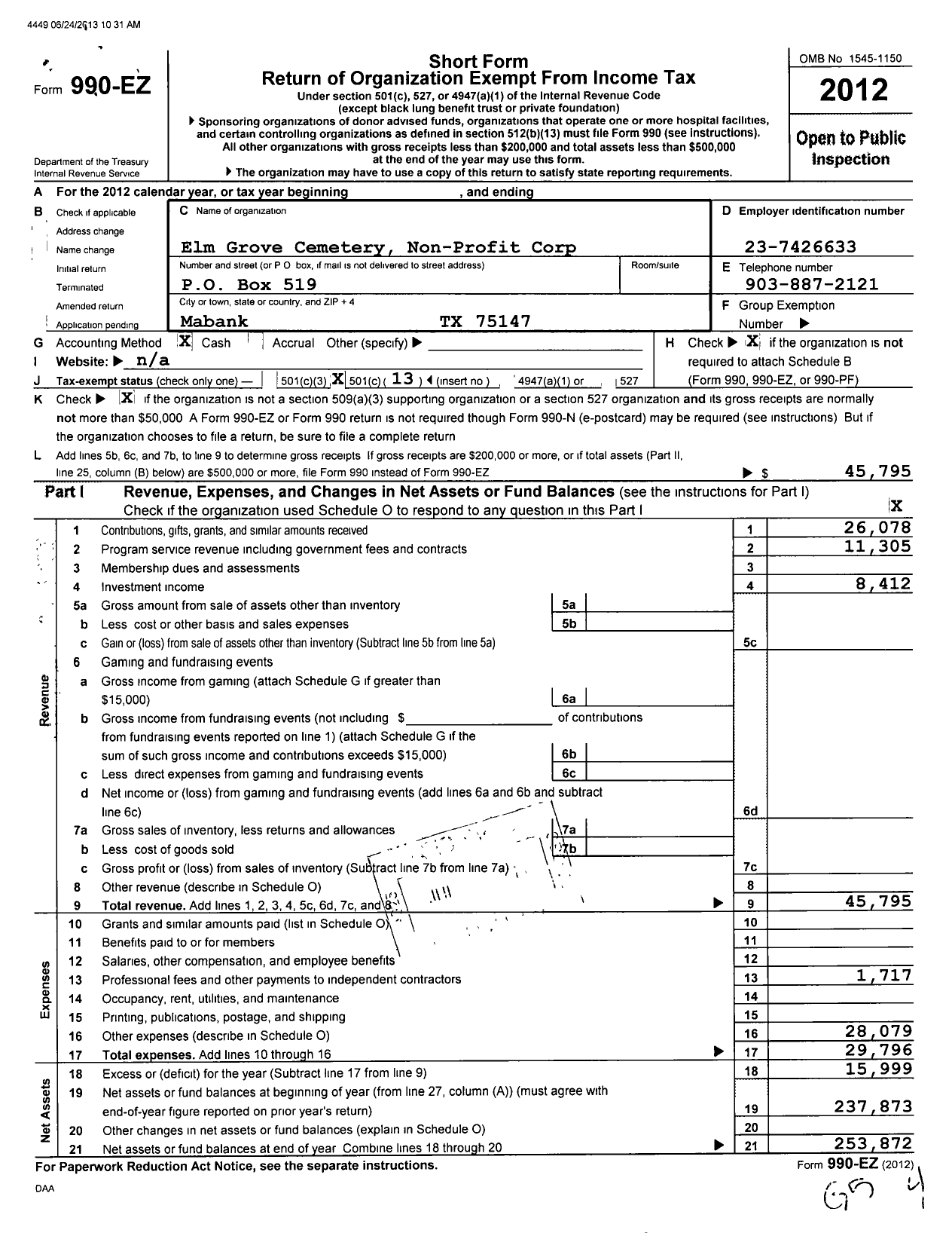 Image of first page of 2012 Form 990EO for Elm Grove Cemetery Non-Profit Corp
