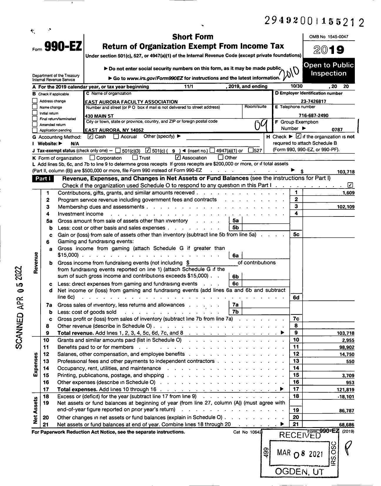 Image of first page of 2019 Form 990EO for American Federation of Teachers - 2614 East Aurora Faculty Associatio